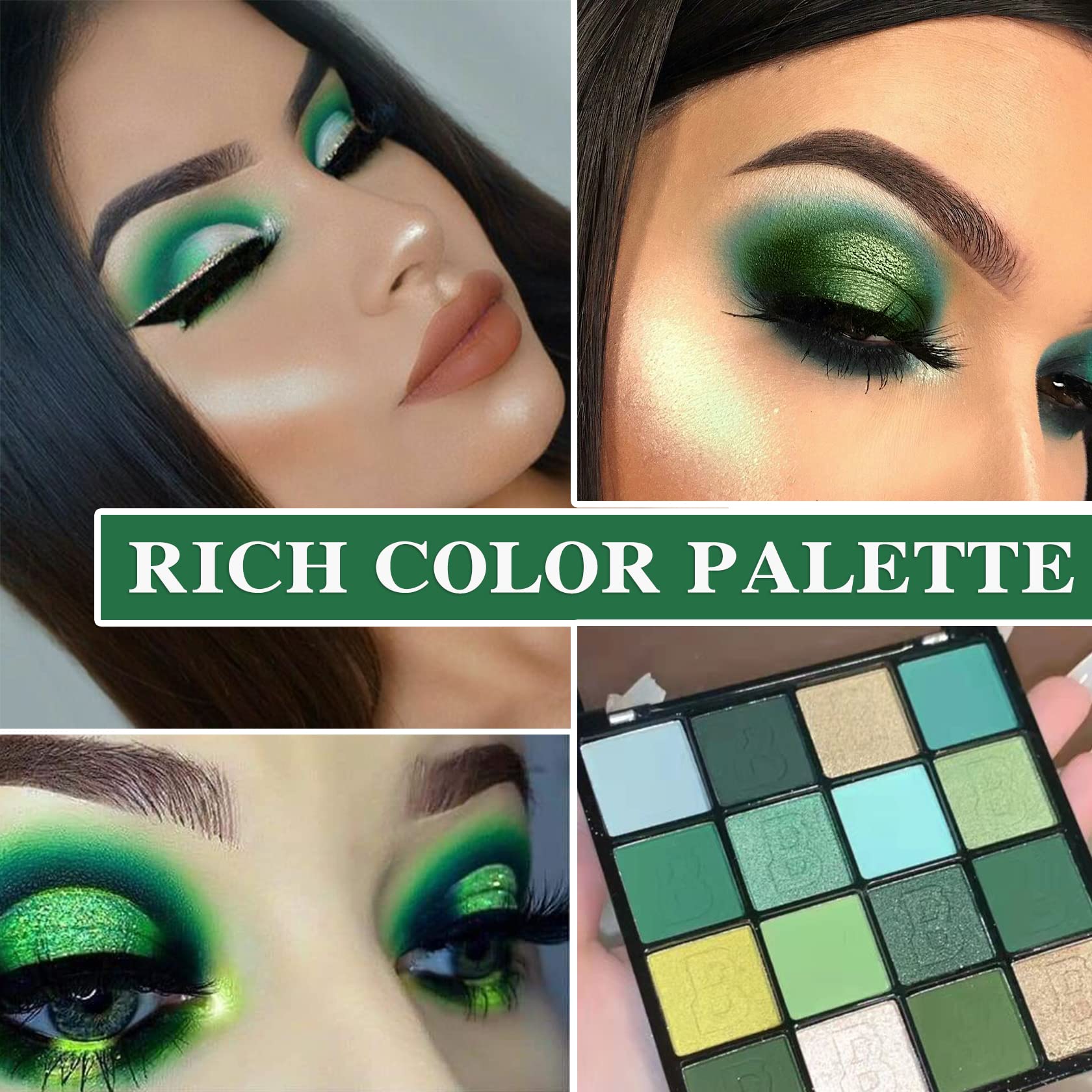 Paleta de sombras de ojos verdes, paleta de sombras de ojos mate brillante de 16 colores, altamente pigmentada, larga duración, impermeable, paleta de maquillaje de sombra de ojos, paleta de 2