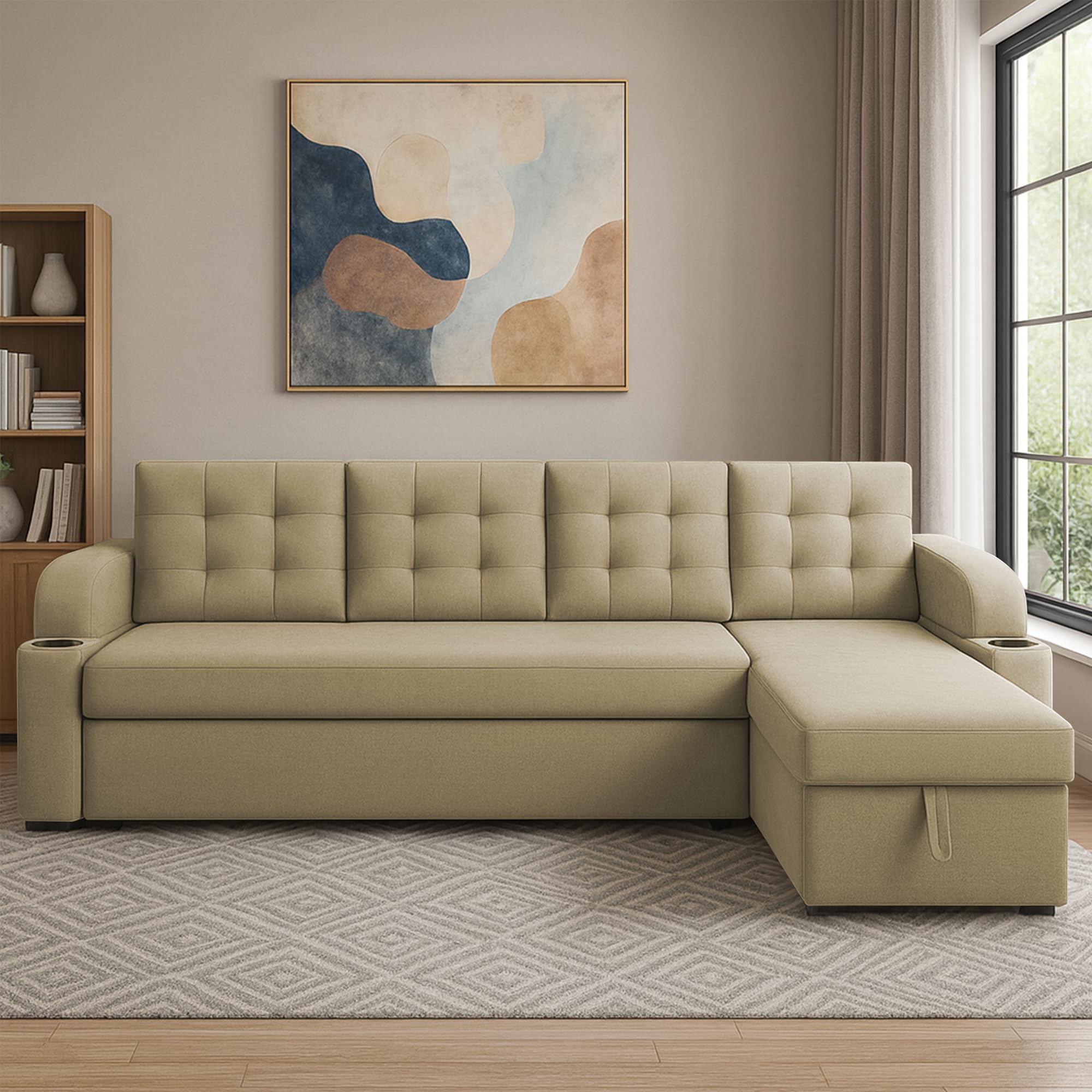 Grance RHS 6 Seater Corner Sofa Cum Bed for Living Room with Storage (Cream Fabric) Premium Fabric Sofa Cum Bed for Living Room-image-16