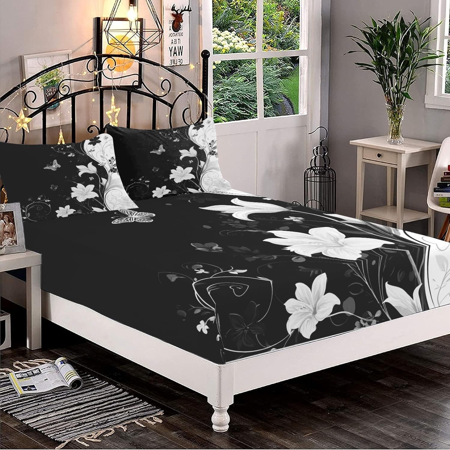 Noir Drap-Housse en Microfibre Brossée 200x200 cm Bonnet 30cm