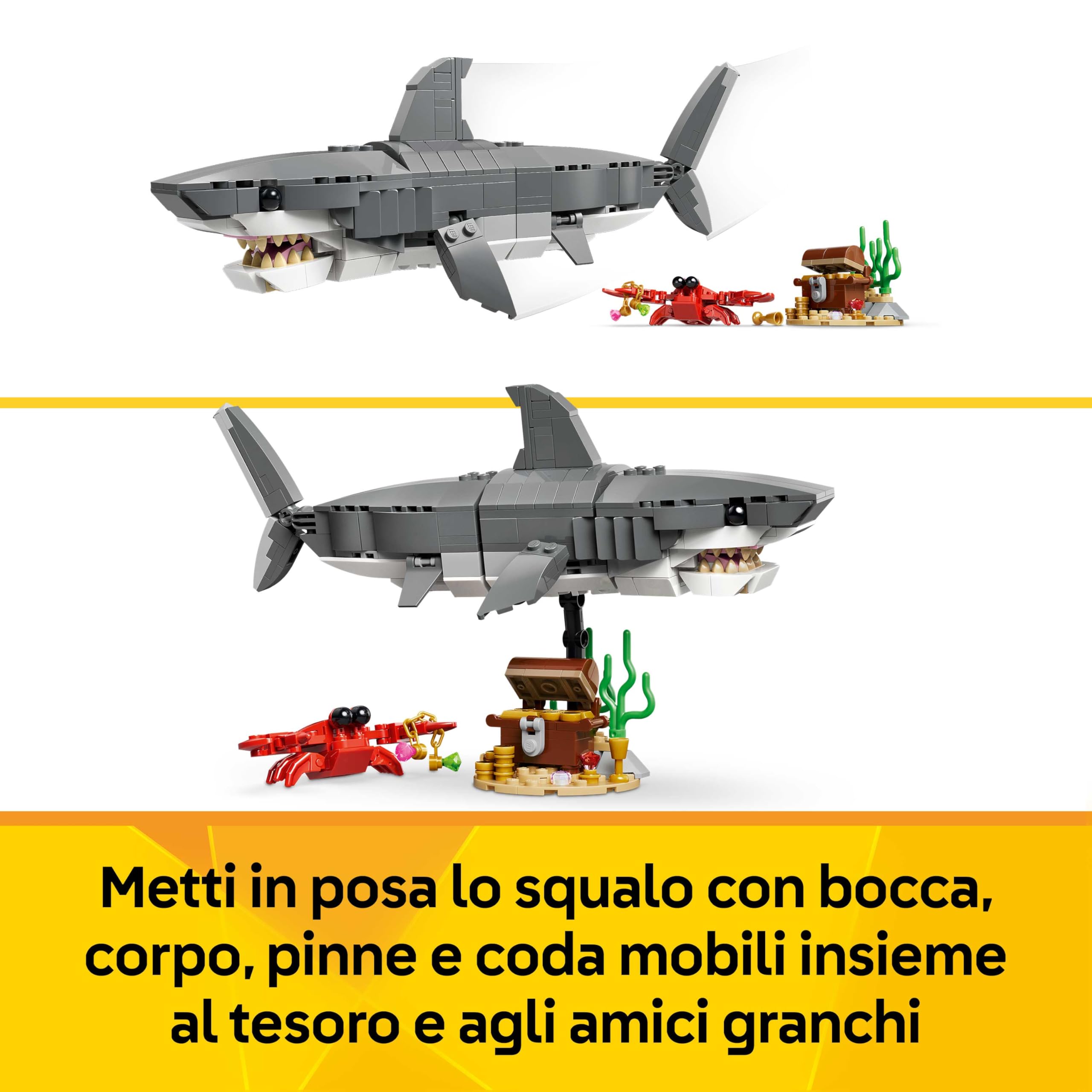LEGO Creator 3 in 1 Squalo con Scrigno del Tesoro Giocattolo - Animale Marino Trasformabile in Rana Pescatrice o Manta - Decorazione Camera da Letto - Regalo per Bambini e Bambine da 8 Anni - 31381