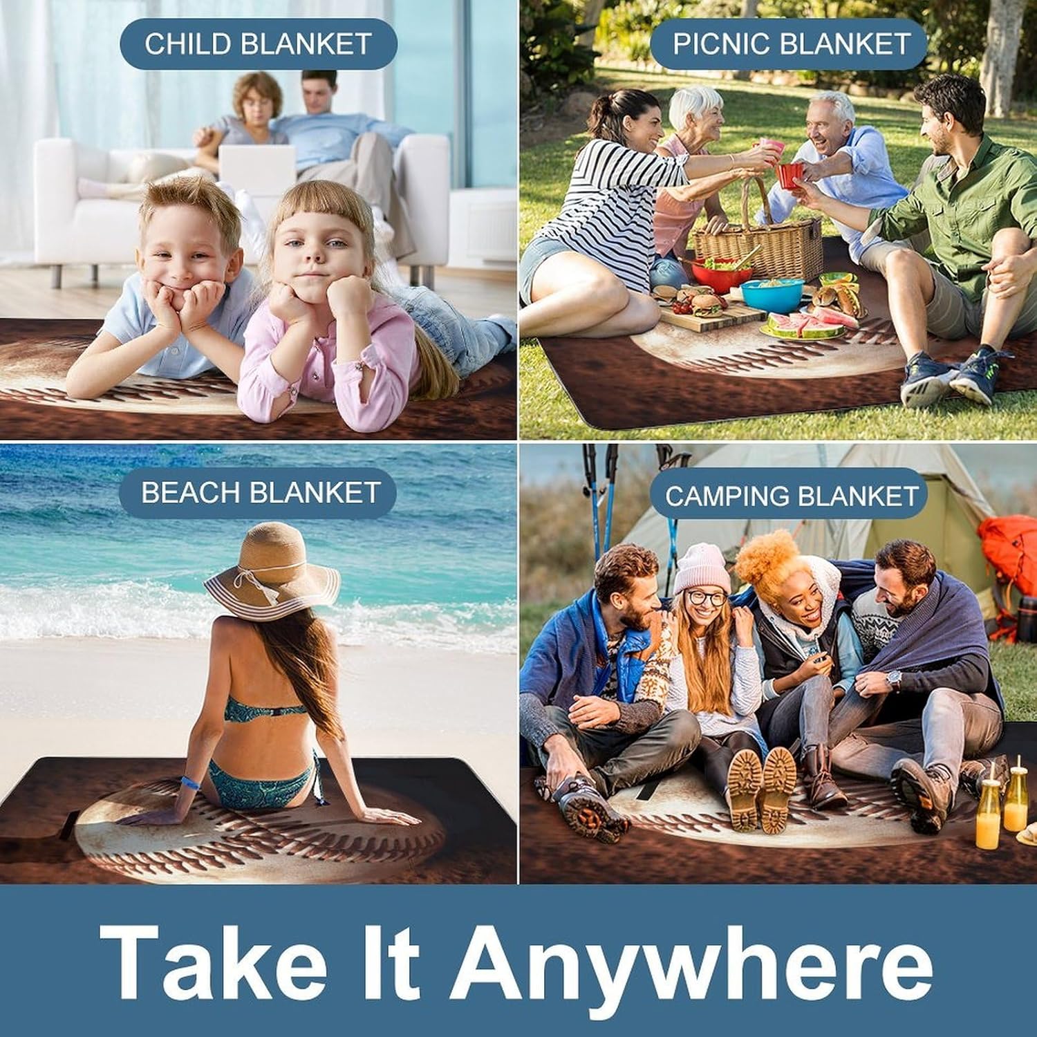 Baseball Waterproof Picnic Blanket 58.3''x58.3'',Portable and Foldable Picnic Mat with Handle,Outdoor Blankets for Lawn Park Beach Travel