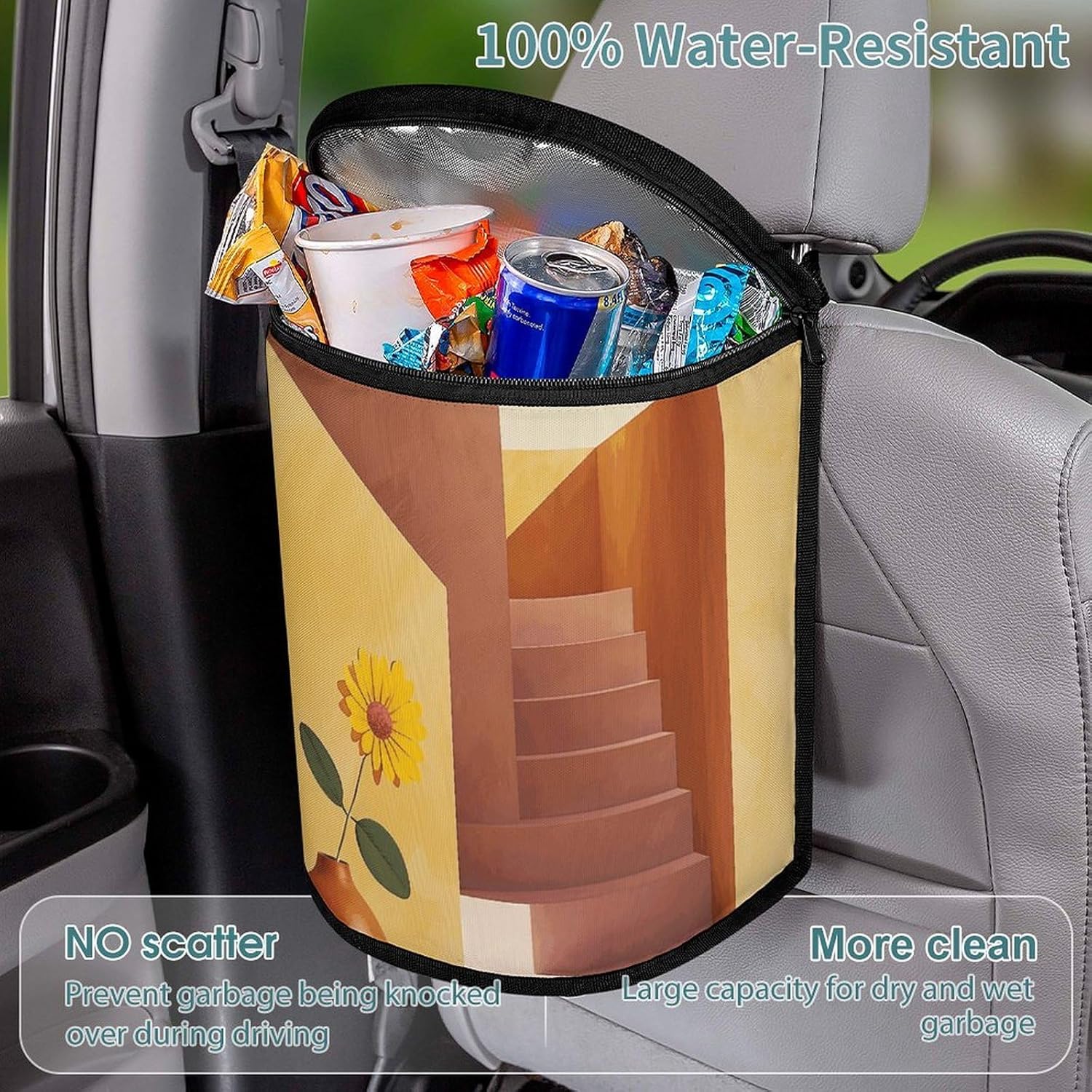MUSM Leakproof Car Trash Can 2.5 Gallon, Durable Automotive Garbage Bag with Waterproof Liner, Vase and Flowers Trash Bag for Car, Truck, RV & Bathroom
