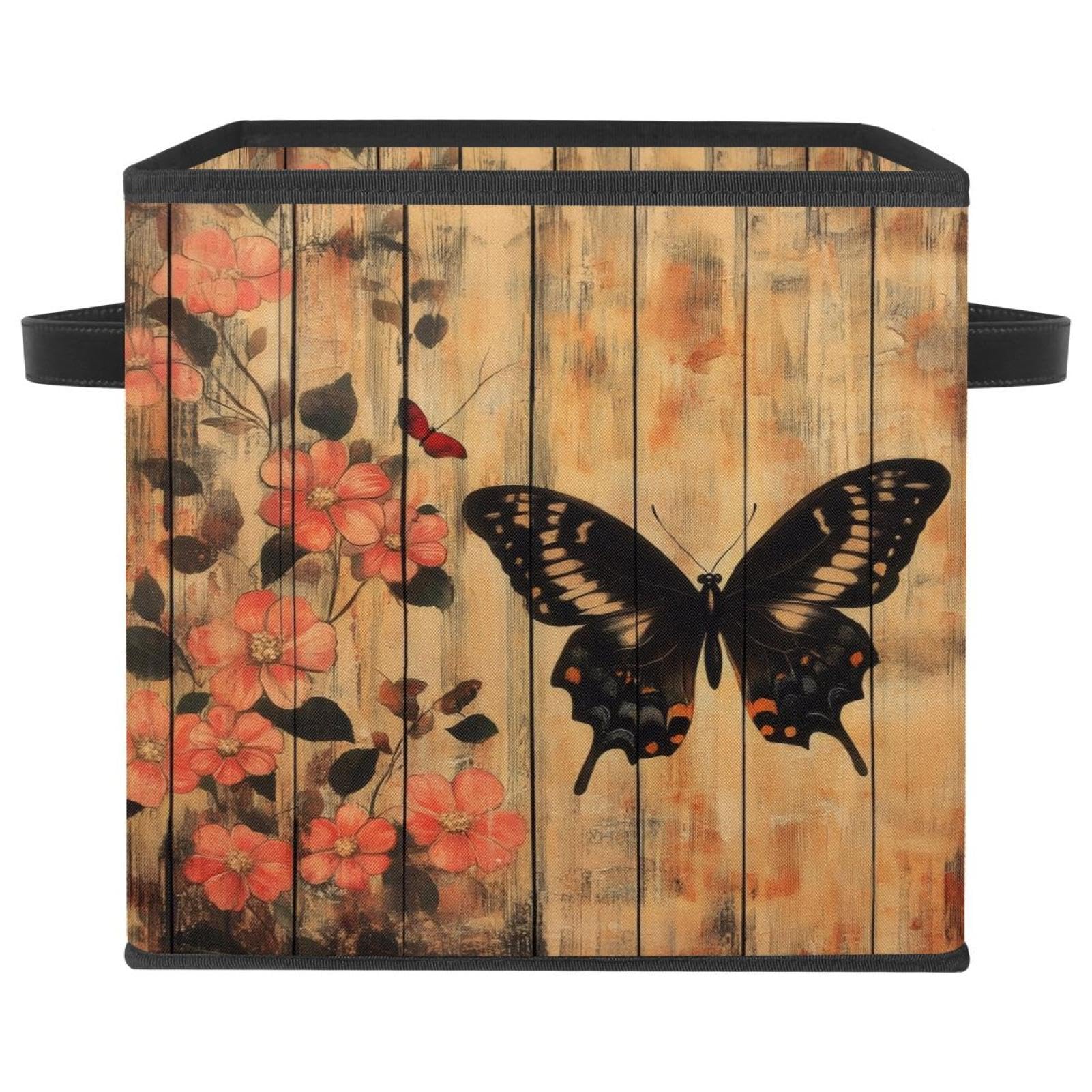 Boîte de rangement vintage en bois panier pliable en tissu grand cube vêtements