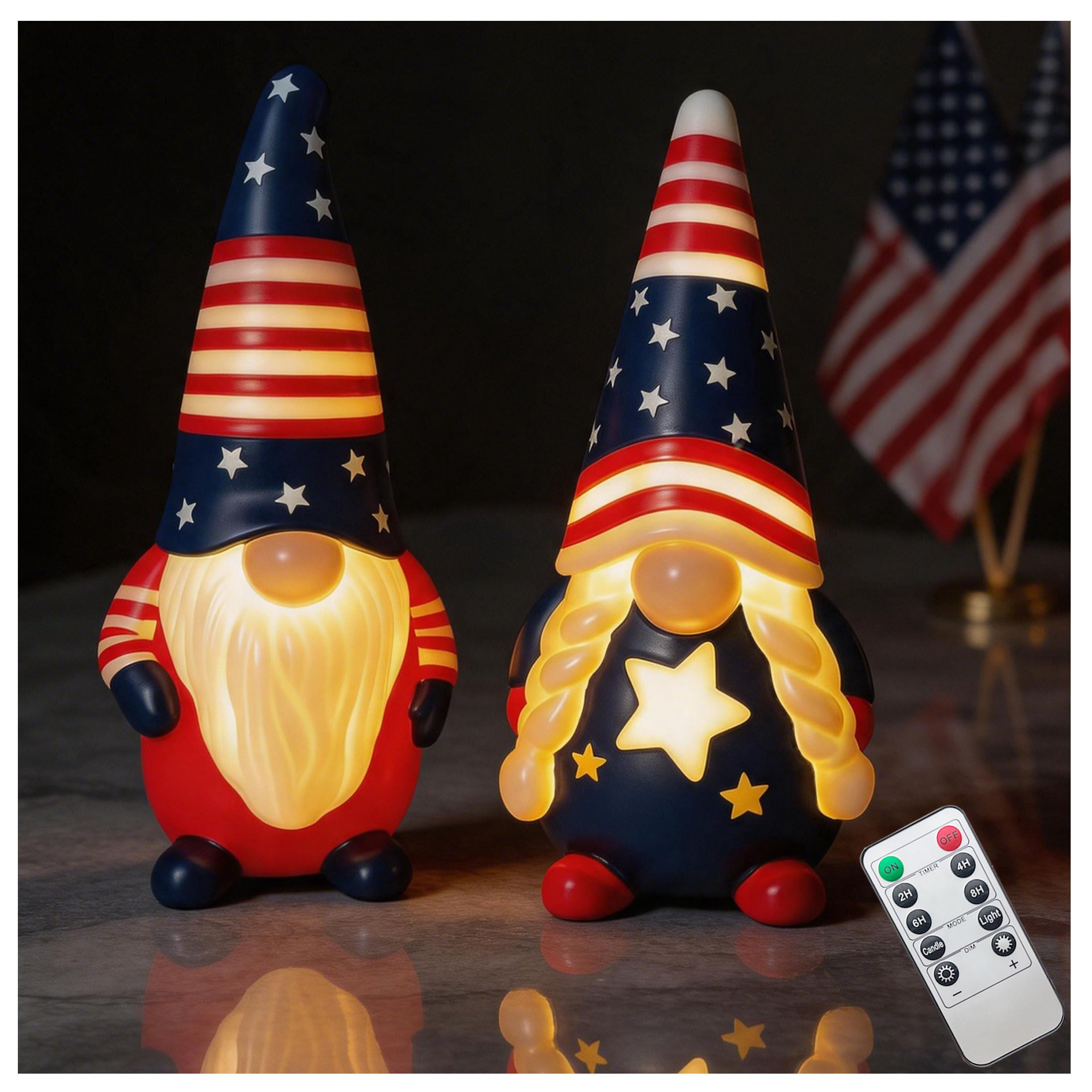 Nains lumineux du 4 juillet LED figurines tricolores cire paraffine à minuteur