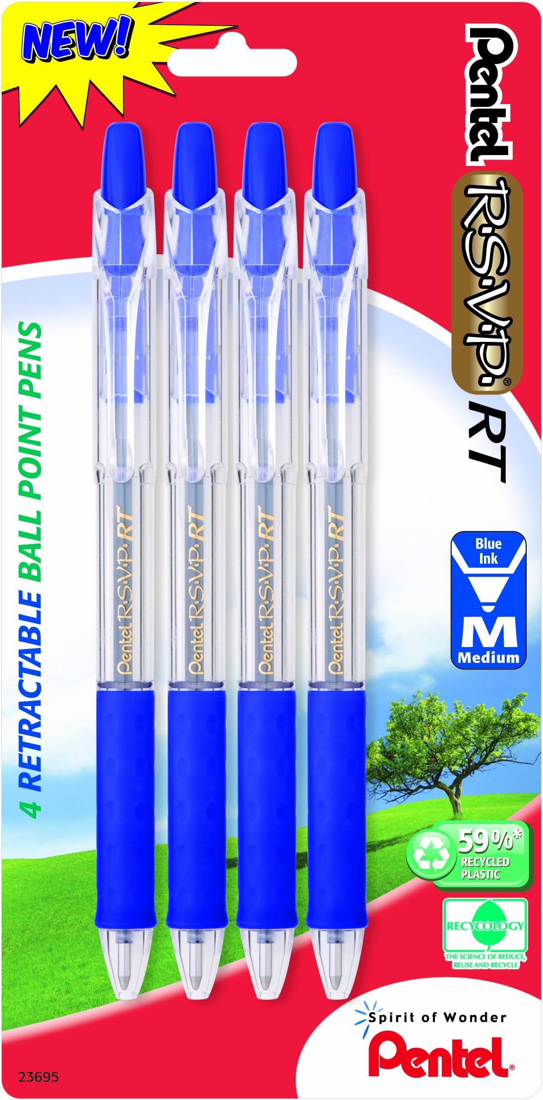 Pentel R.S.V.P. RT New Retractable Ballpoint Pen, Medium Line, Blue Ink, 4 Pack (BK93BP4C)
