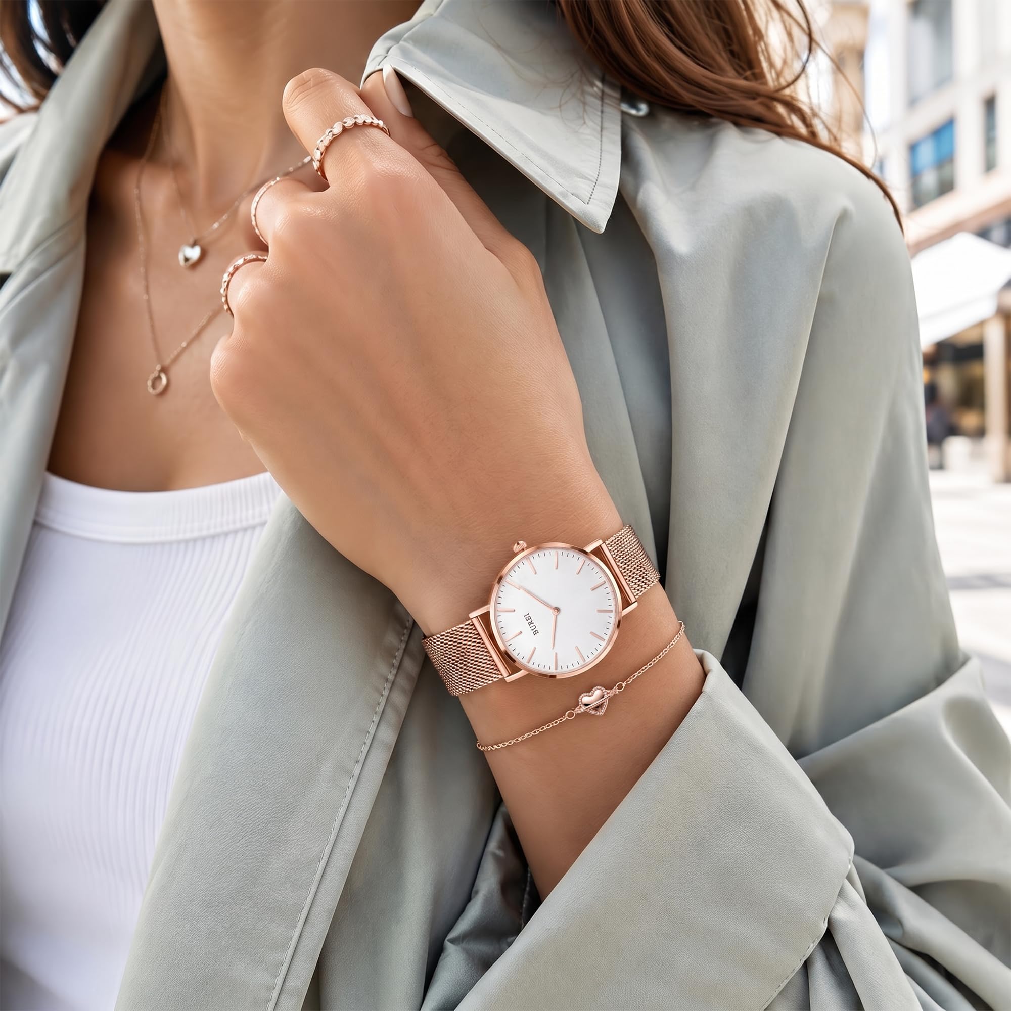 BUREI Montre Ultra Fine Demen Minimaliste Demen Montre analogique à Quartz Japonais avec Bracelet en Maille en Acier Inoxydable Cadeau pour Femme
