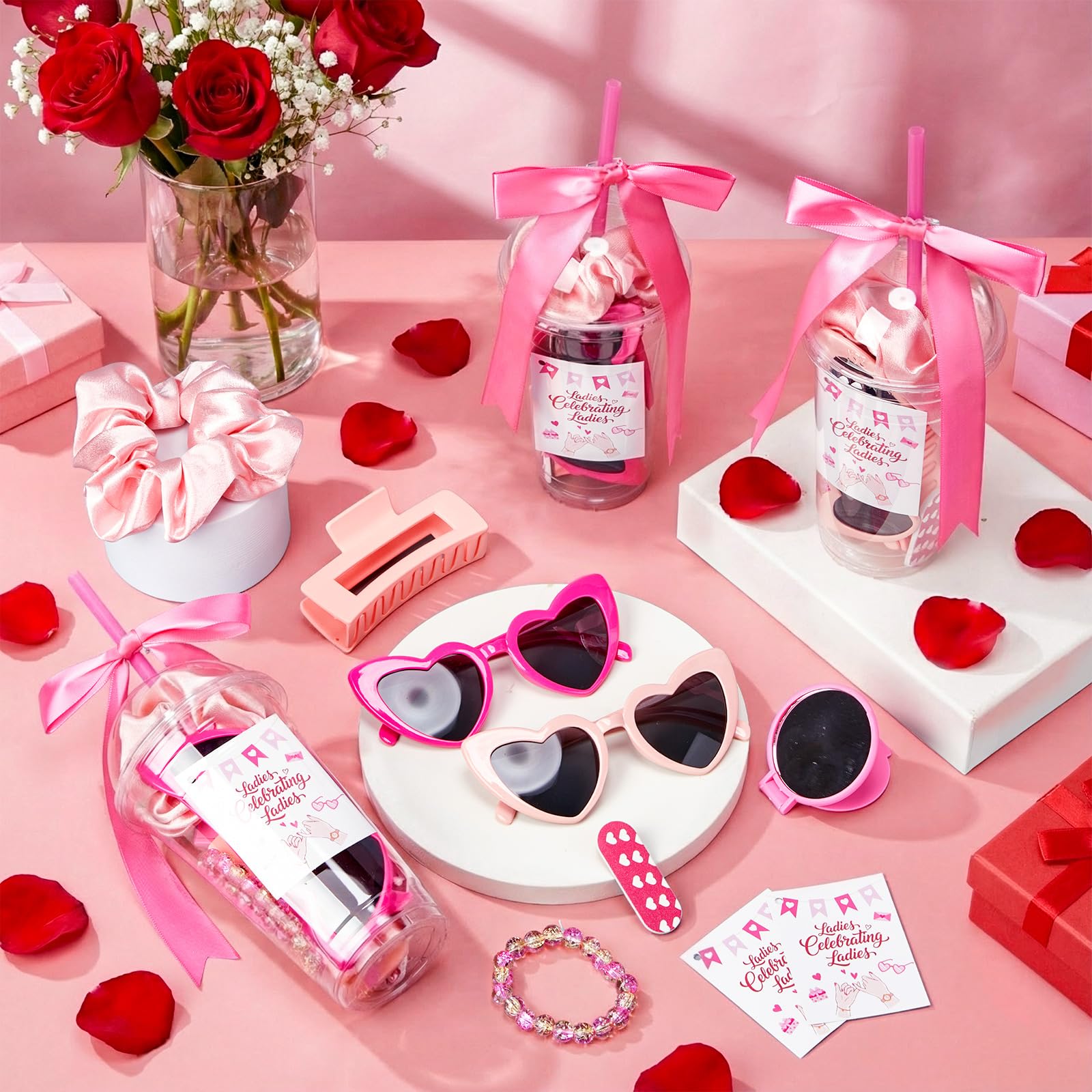 60 Pcs Galentine's Day Gift Include Pink Scrunchies Hair Clips Heart Sunglasses Bracelets Compact Mirrors Nail File Gift Cups and Straw Greeting Cards for Women Friend Bestie Valentine Party Favors