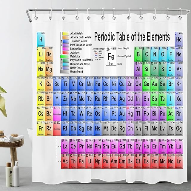 LB Periodic Table of the Elements Shower Curtain Educational Shower Curtains for Bathroom White Polyester Anti Mould Waterproof Small Bath Curtain Set with Hooks,59x71 inches