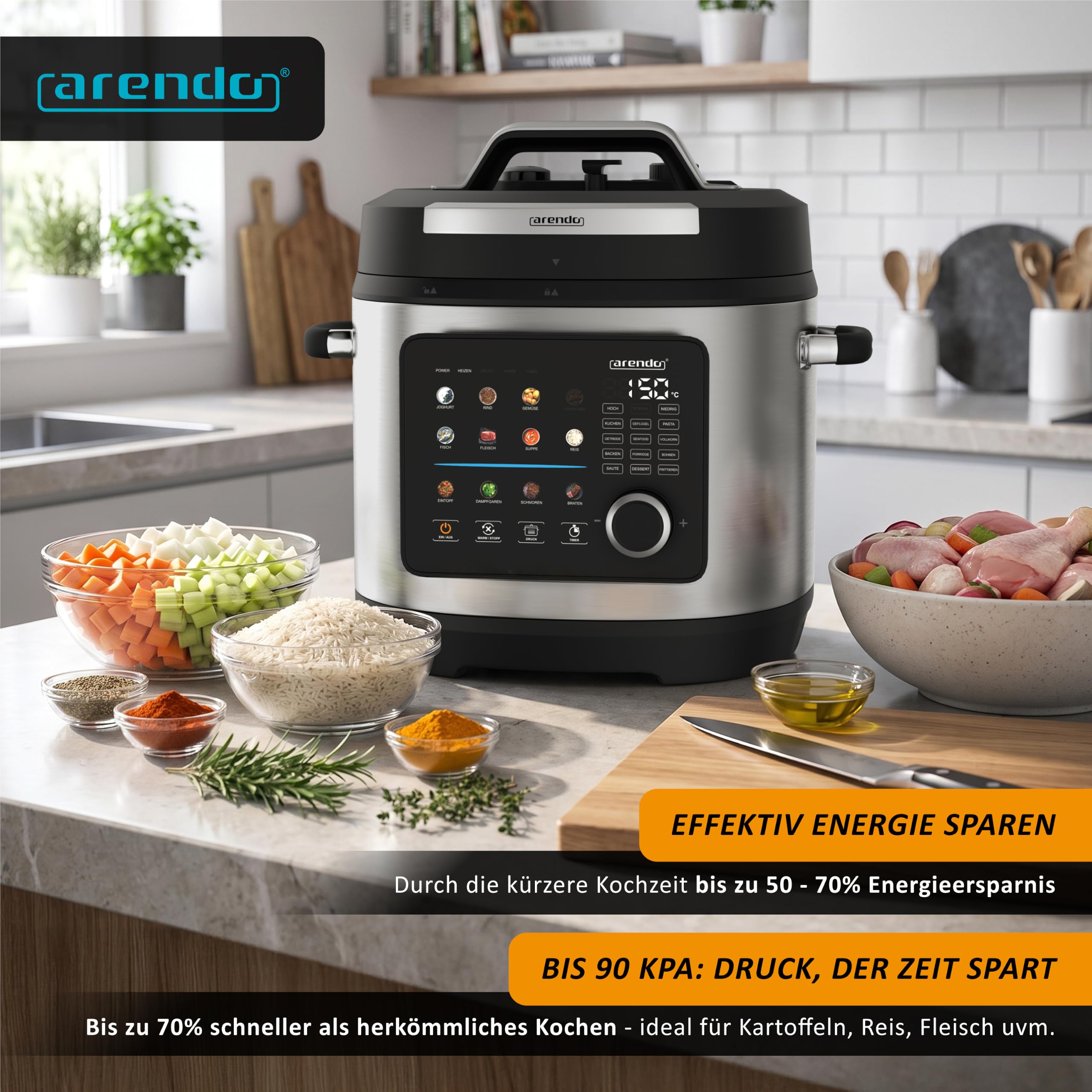 Arendo - Schnellkochtopf 6l elektrisch - Multikocher 24 in 1-1000 Watt – Edelstahlgehäuse – 24 Programme – Druckkochtopf mit Druckstufen – Überhitzungsschutz – energiesparend – schonend garen