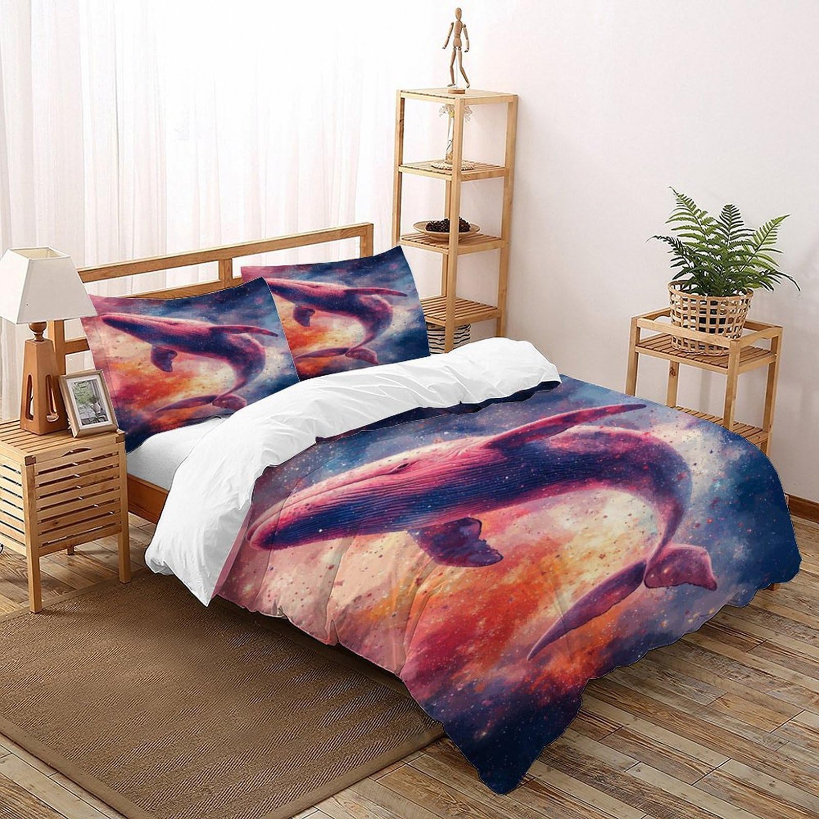 Housse de couette baleine galaxie parure de lit 3 pièces microfibre 200x200cm pour adulte avec zip