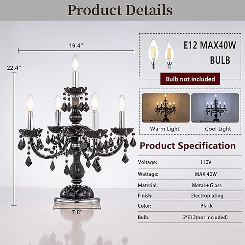 Miniatura 4 de TOCHIC Lámpara de mesa moderna, lámparas de noche de cristal negro para dormitorio, 5 luces góticas para mesitas de noche, lámparas de renacimiento