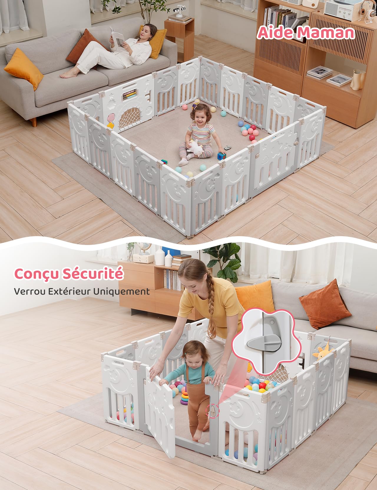 Dripex Parc Bébé Modulable et Pliable 190x190cm, Parc Enfant avec Porte et Panneau d'Activité, Gris (18 Panneaux)
