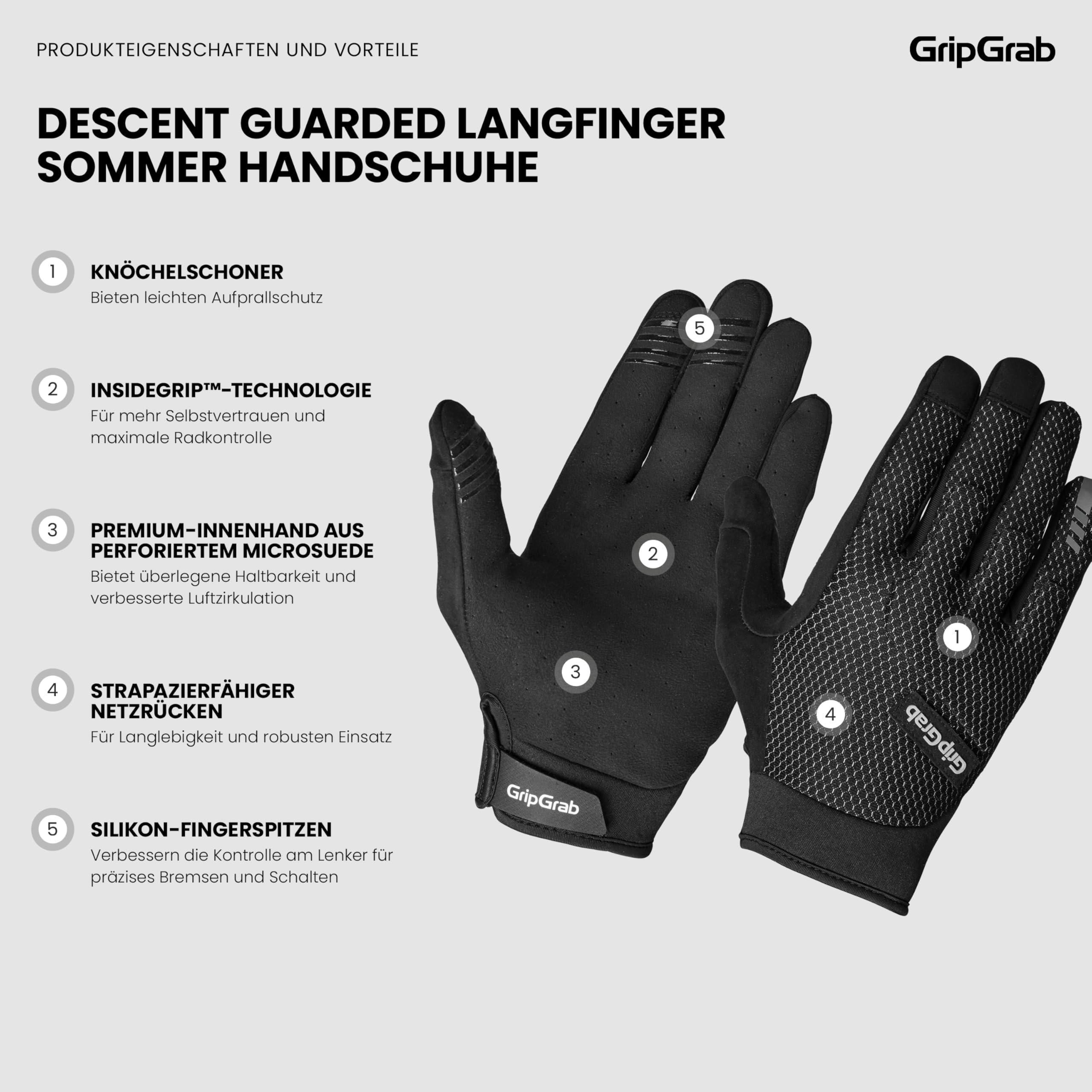GripGrab Descent InsideGrip MTB Handschuhe Knöchelschutz Sommer Langfinger | Anti-Rutsch-Silikonprints, Schweißwischer, Protektoren am Handrücken, Klettverschluss - Mountainbike Downhill, Enduro, BMX