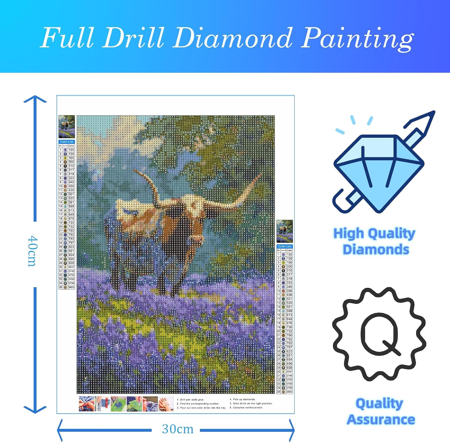 CDYCNXZ Longhorn Bull Bluebonnet Flowers Diamond Art Kits for Adults image 2