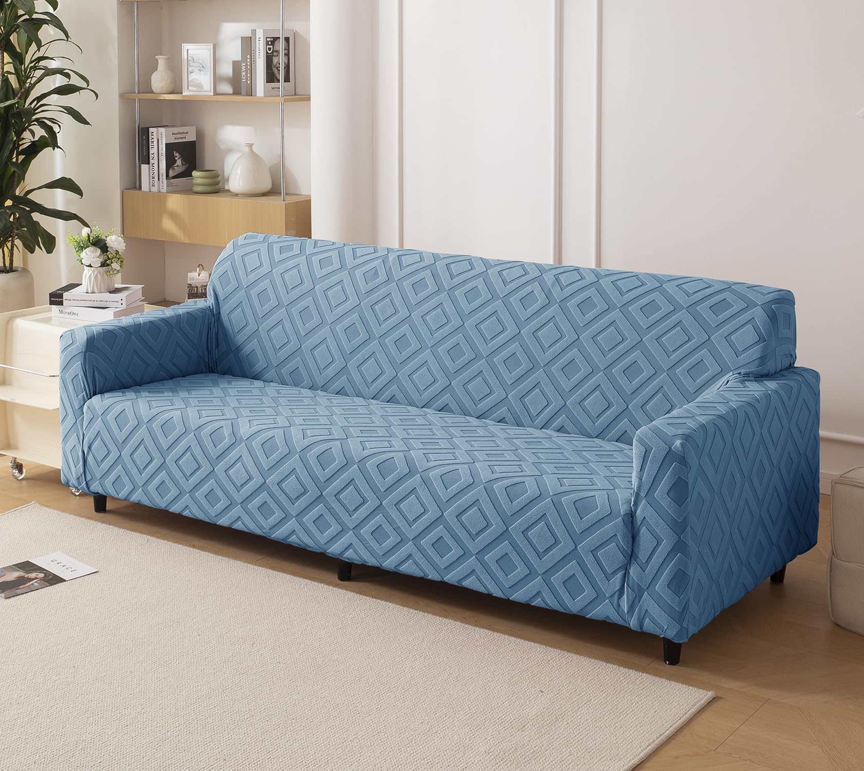 House of Quirk Universal Five Seater Jacquard Fabric Diamond Texture Sofa Cover 220 GSM Soft Touching Cover for Couch Flexible Stretch Sofa Slipcover (Blue, 300-350CM)-image-43