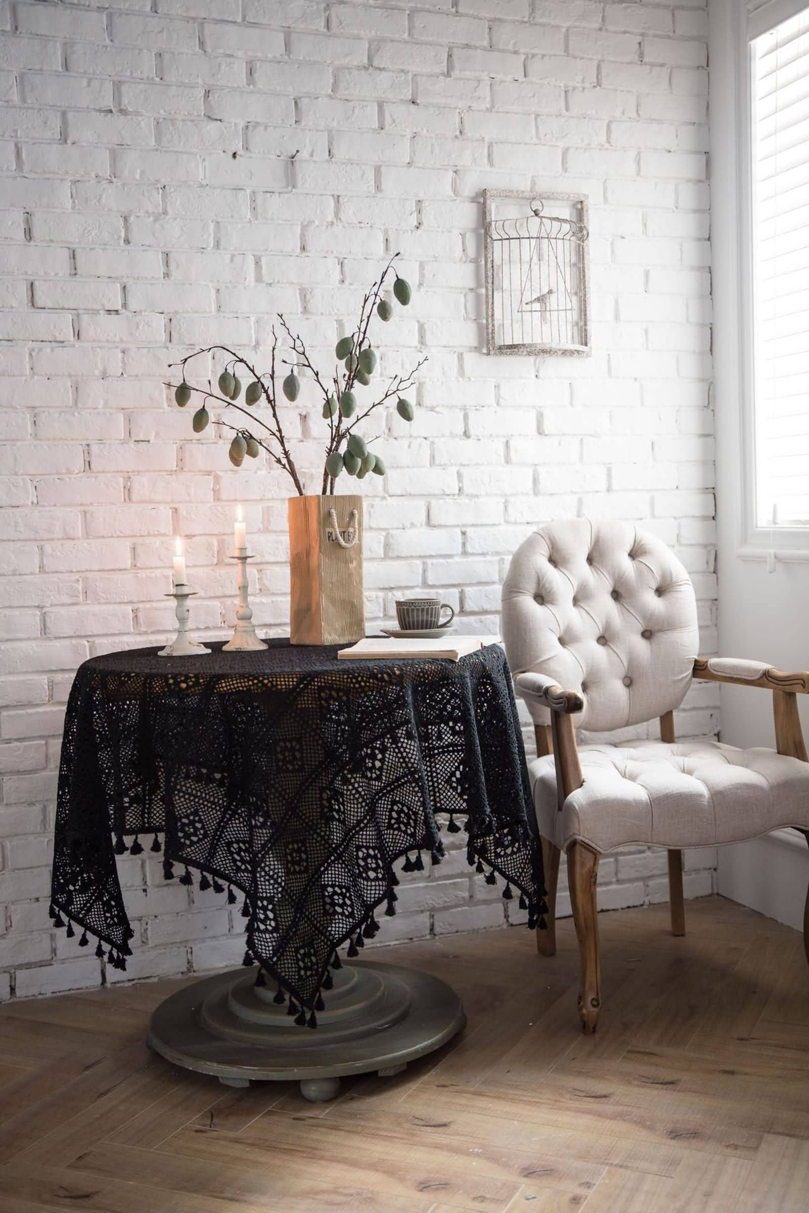 Mantel Elastico Mesa Rectangular MEDA Cocina Tejido De Celosía Hueca con Borla Protector Cristal Etnico Negro Algodón Protección Decoración 85X85Cm