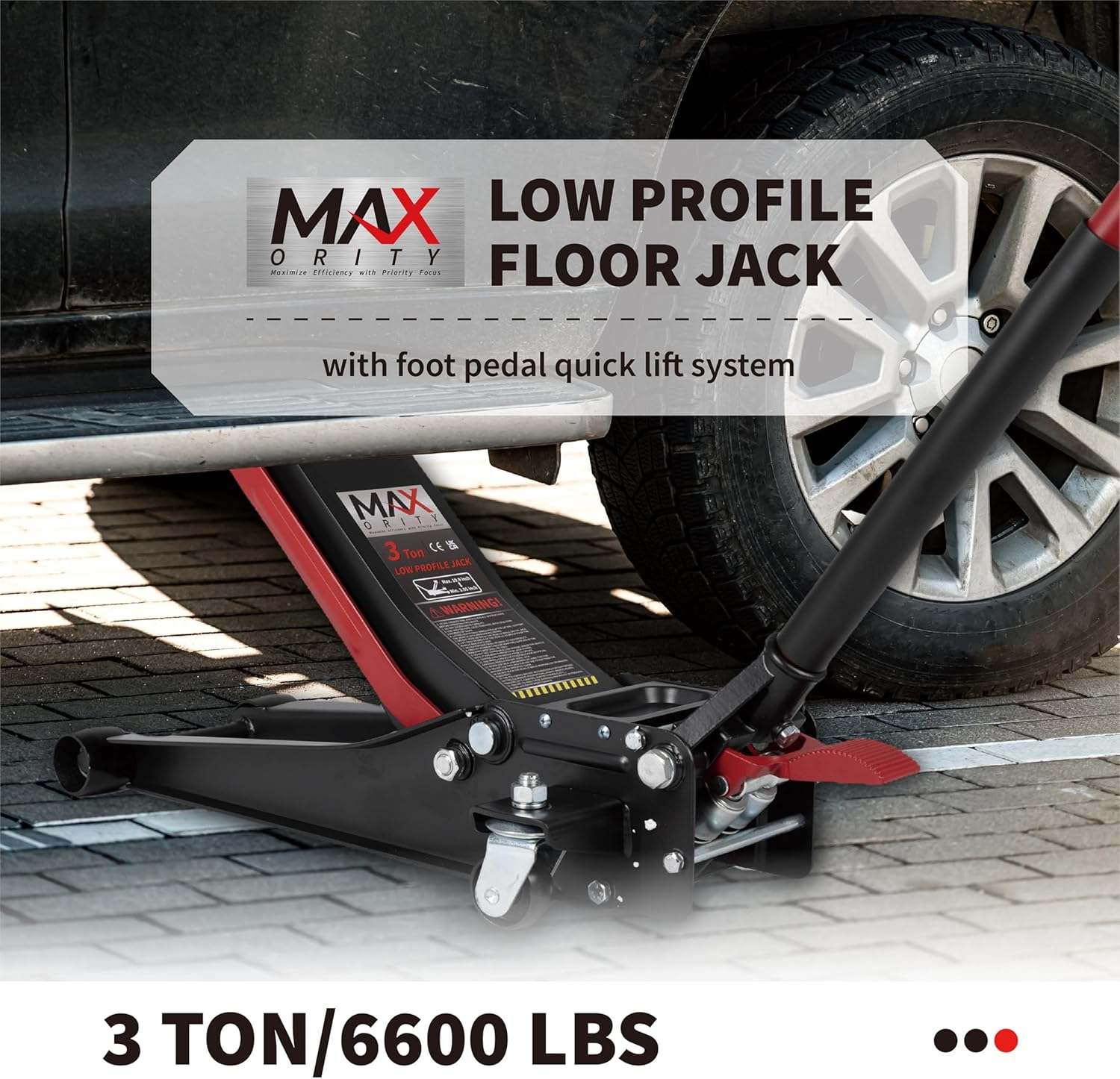 Maxority 3-Ton (6600lbs) Low-Profile Dual Pistons Heavy-Duty Steel Racing Floor Jack with Quick Lift Hydraulic Pump, Foot Pedal and Magentic Pad for Car Maintenance (Red, 3 Ton Low Profile)