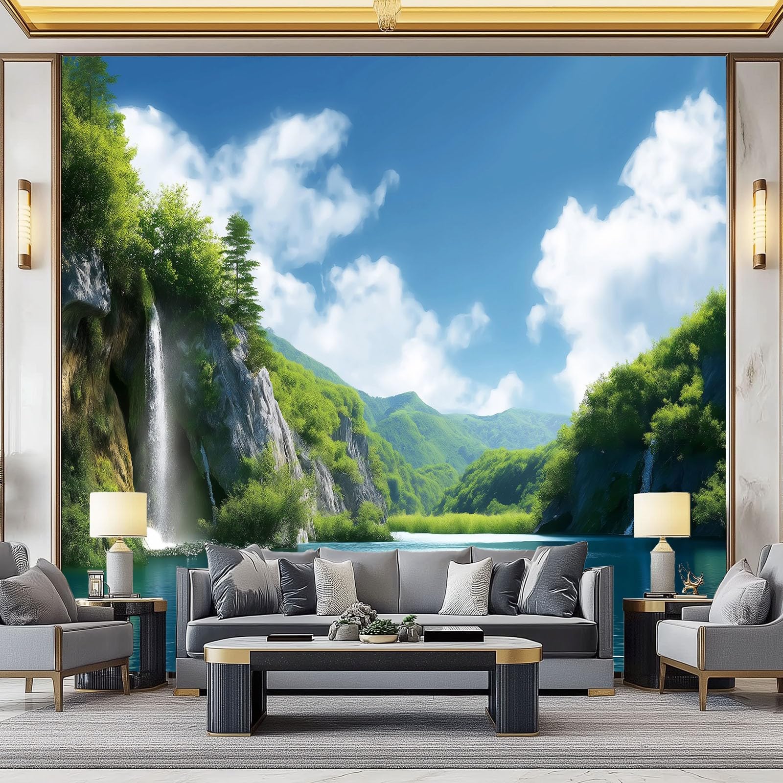 Naturalna sceneria klif wodospad jezioro tapeta sypialnia dzieci chłopcy tapeta 3D mural, niebieski pokój dla dzieci nastolatków plakat zdjęcie fototapeta pokój tematyczny pokój zabaw 350 x 256 cm