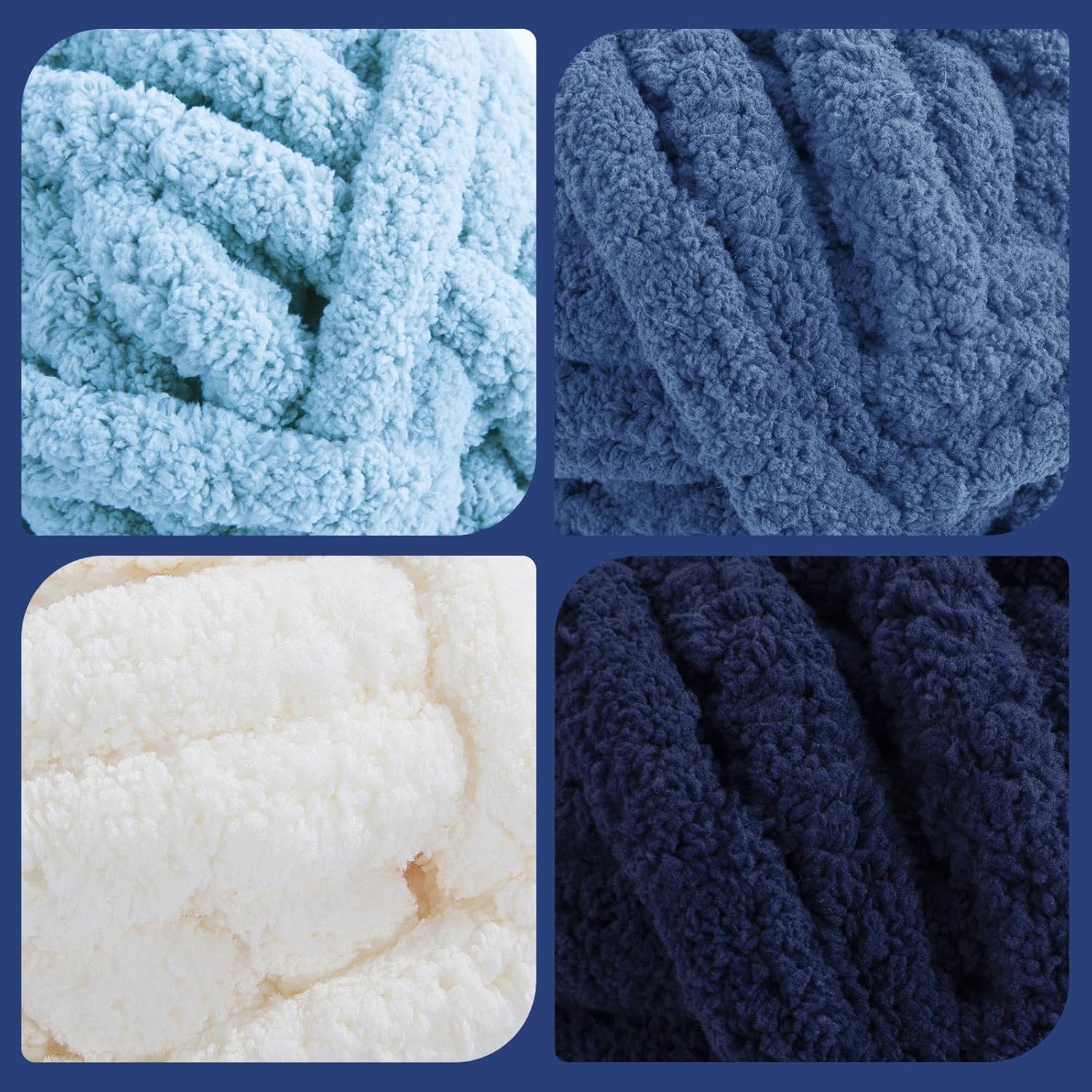 HOMBYS Chunky Chenille Yarn for Crocheting, Super Bulky Jumbo Yarn for Hand Knitting, 3/4" Thick Soft Plush Yarn for Blankets, 8 Skein Pack (27 yds / 8 oz Each), Multi Assorted Cream Blue