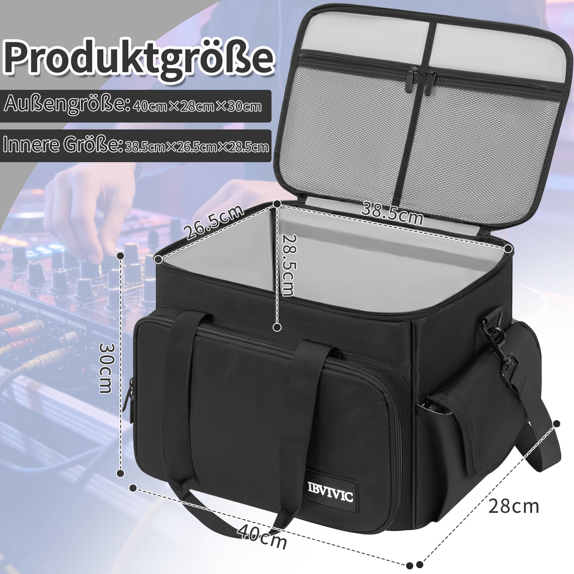 DJ Tasche, 1680D Nylon DJ Gigbag mit Abnehmbaren Trennwänden und Boden, DJ Kabel Organizer Tasche für Professionelle DJ Ausrüstung, Musikinstrumente und Zubehör, Grau (Mittlere)