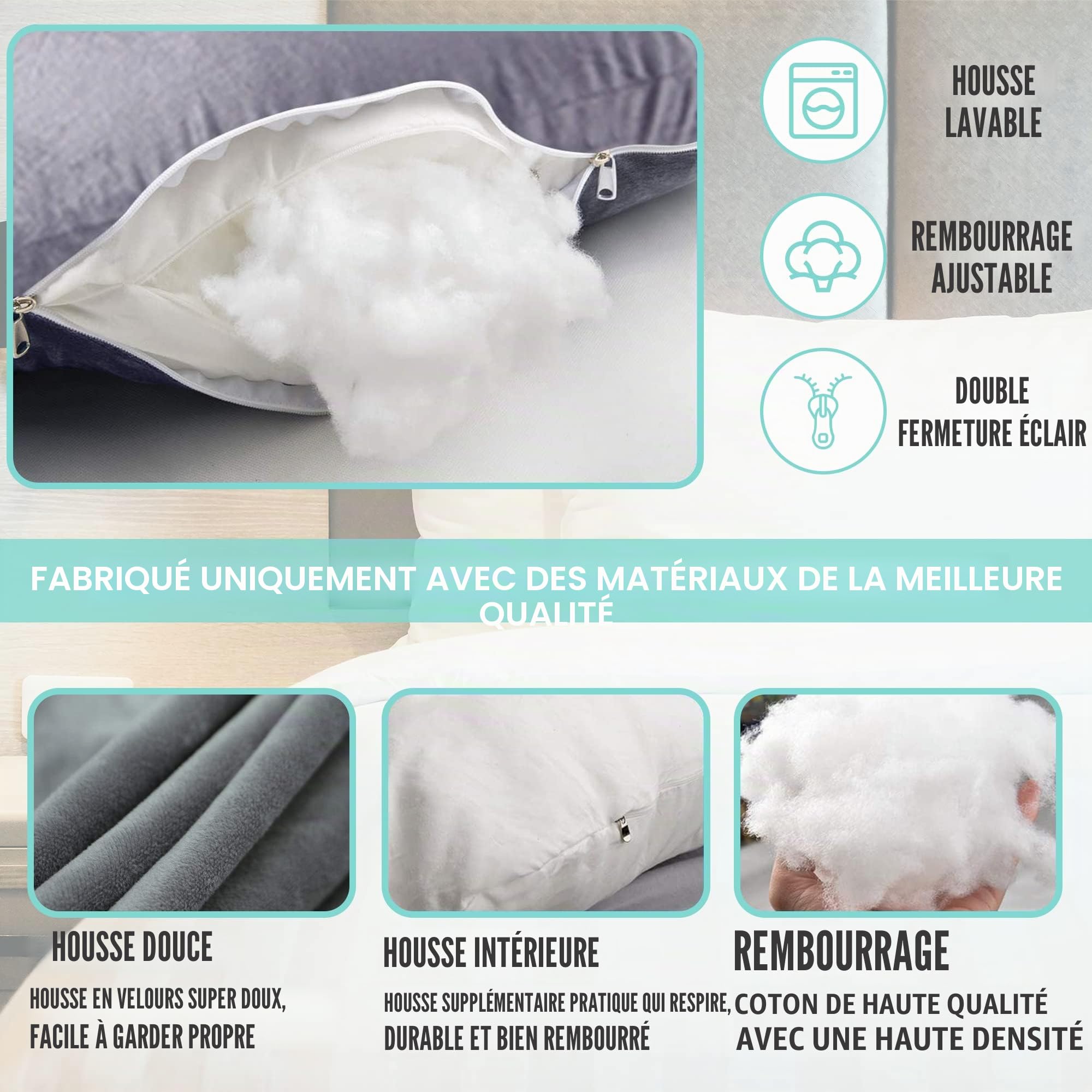 Strex Coussin de maternité XXL - 280cm - Coussin Gros - Housse amovible - Coussin de couchage latéral / oreiller corporel / Coussin nutritionnel