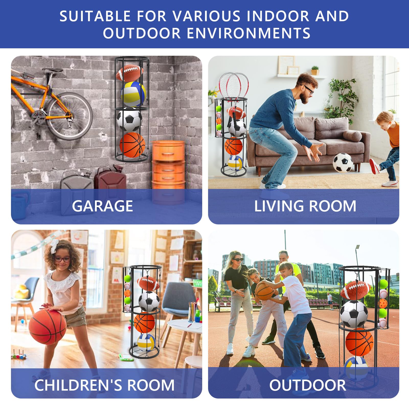 Scaffale portaoggetti per palline da garage, supporto verticale per pallacanestro, calcio, pallavolo, calcio, organizer salvaspazio per attrezzature da garage e cantina, uso esterno, nero