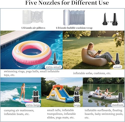 Miniatura 5 de Bomba de aire eléctrica con 5 boquillas desmontables de 600 W, bomba de inflado de alta potencia, bomba de colchón de aire de 510 Lmin, inflado