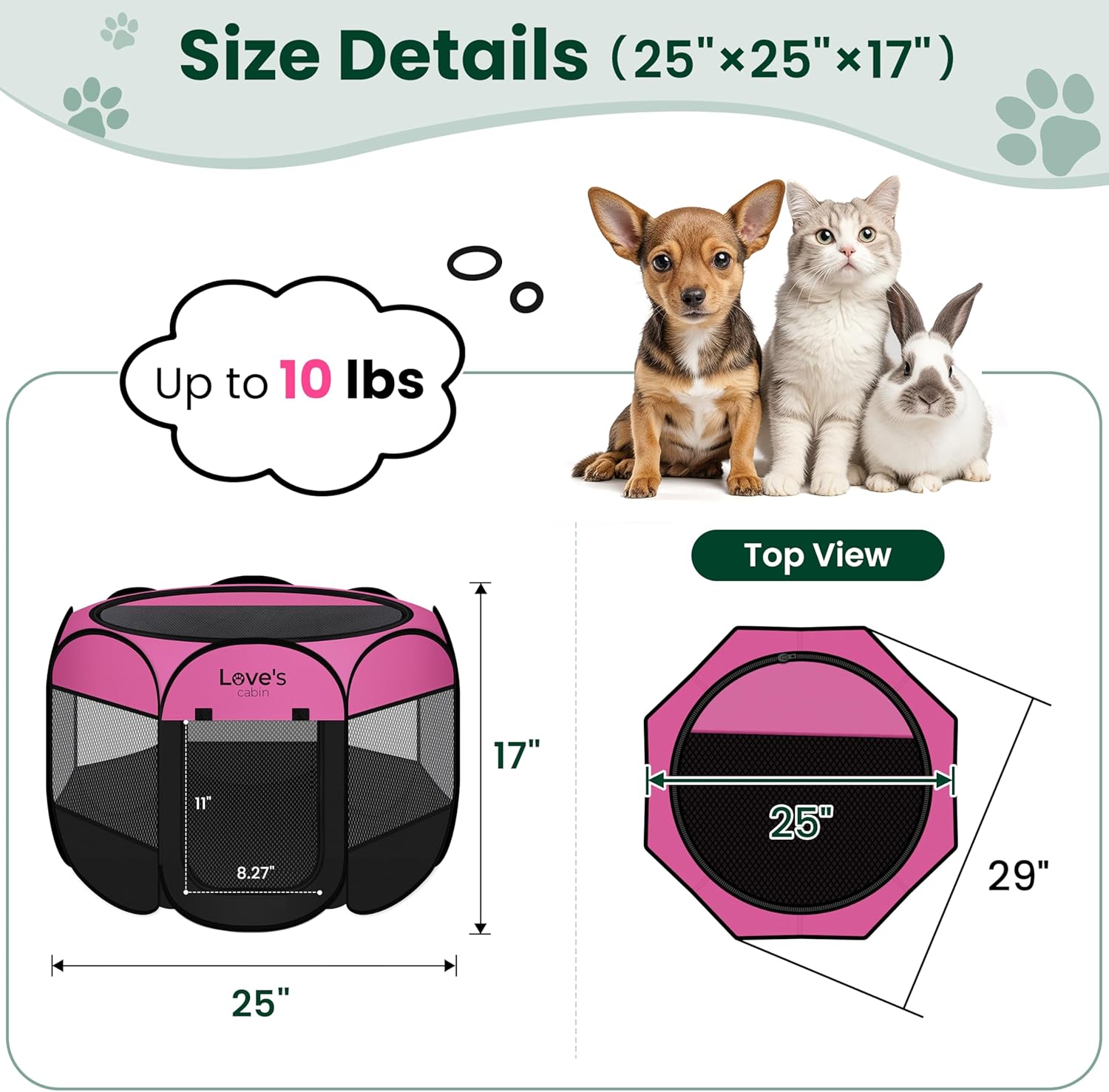 Love's cabin Pet Puppy Dog Playpen, Small Dog Tent Crates Cage Indoor/Outdoor, Portable Playpen for Cat, Foldable Pop Up Dog Kennel Playpen with Carring Case, Removable Zipper Top, Pink