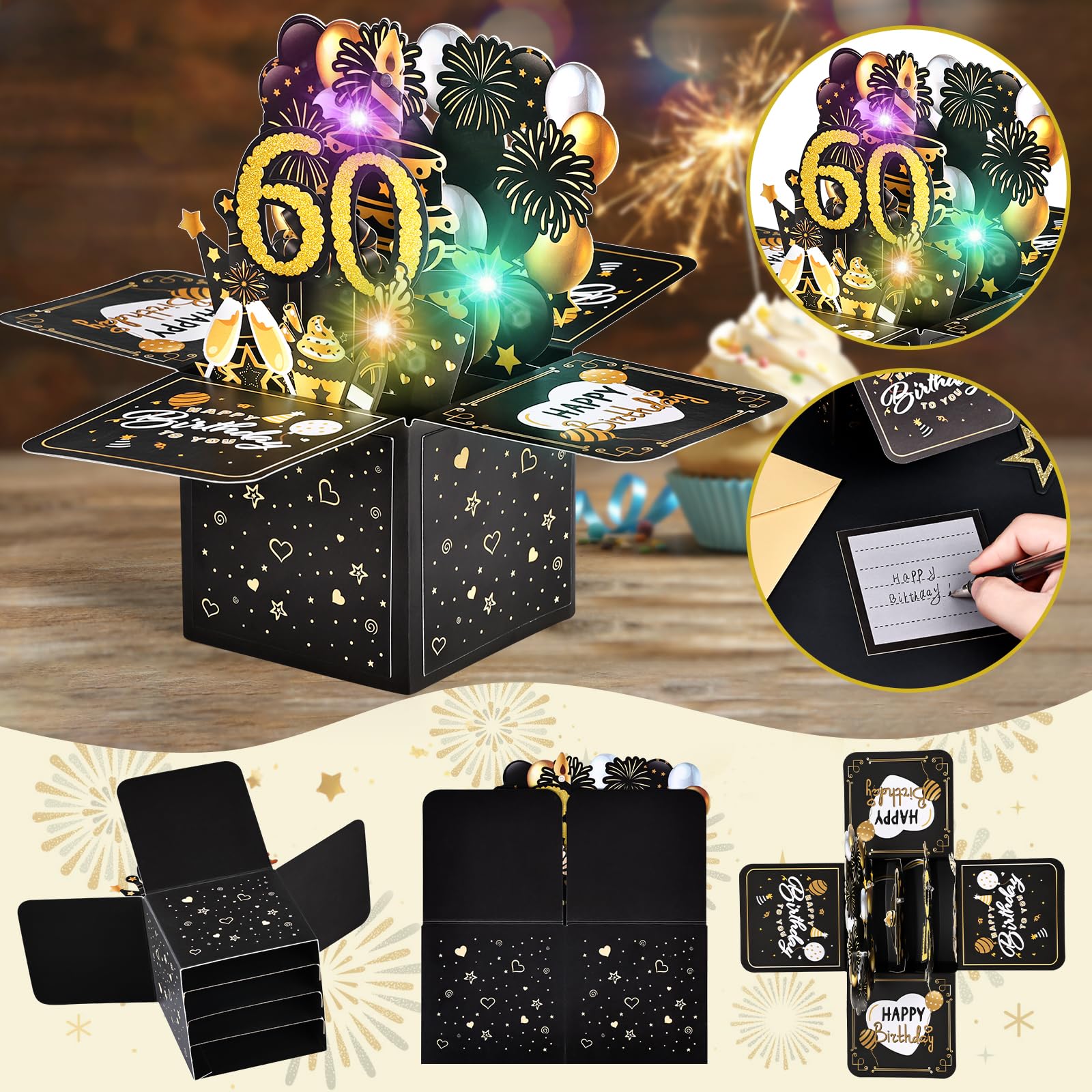 Biglietto Di Auguri 3D Pop-up Per 60° Compleanno Donna Con Musica E Luci - Torta, Champagne E Farfalle - Brilla Con Glitter - Per Mamma, Nonna, Amica