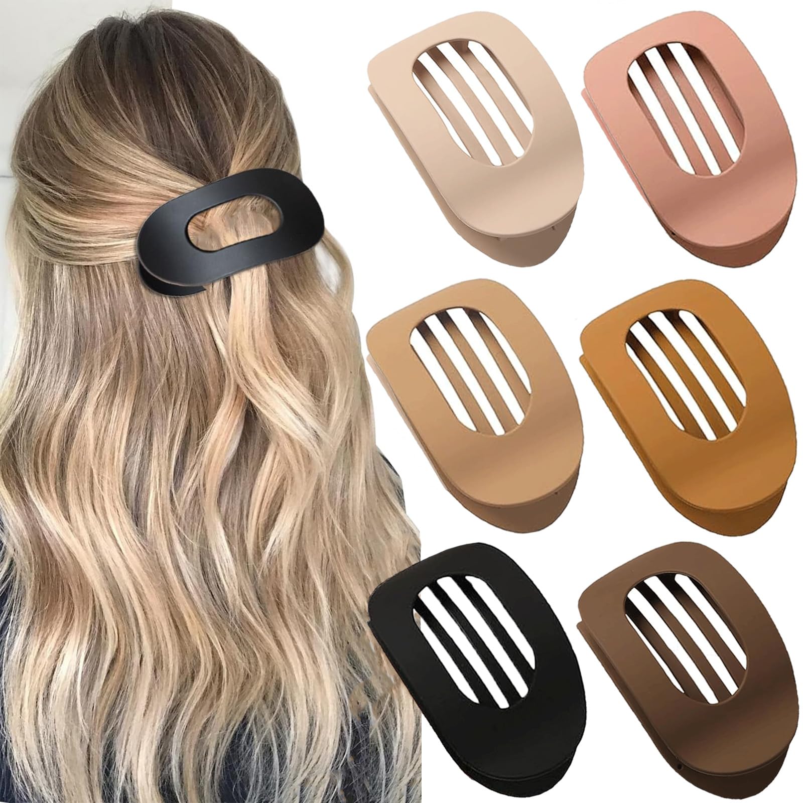 Somnr 6 Pack Flat Hair Claw Clips for Women Curved Flat Claw Clip for Thick Thin and Curly Hair
