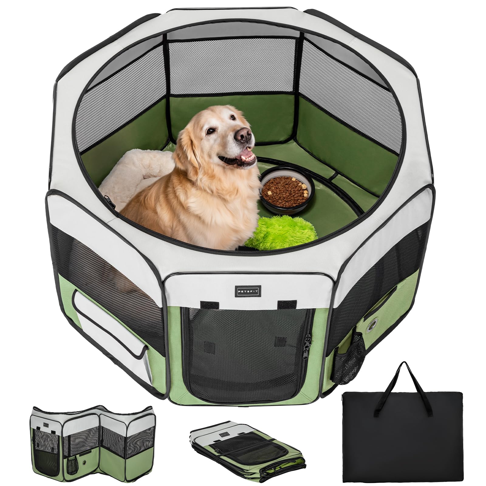 PETSFIT 45.5" Dog Playpen Indoor/Outdoor-Jump-Proof 28.5" Height with Removable Waterproof Mat & Zippered Roof | RV, Camping, Travel Dog Pen |