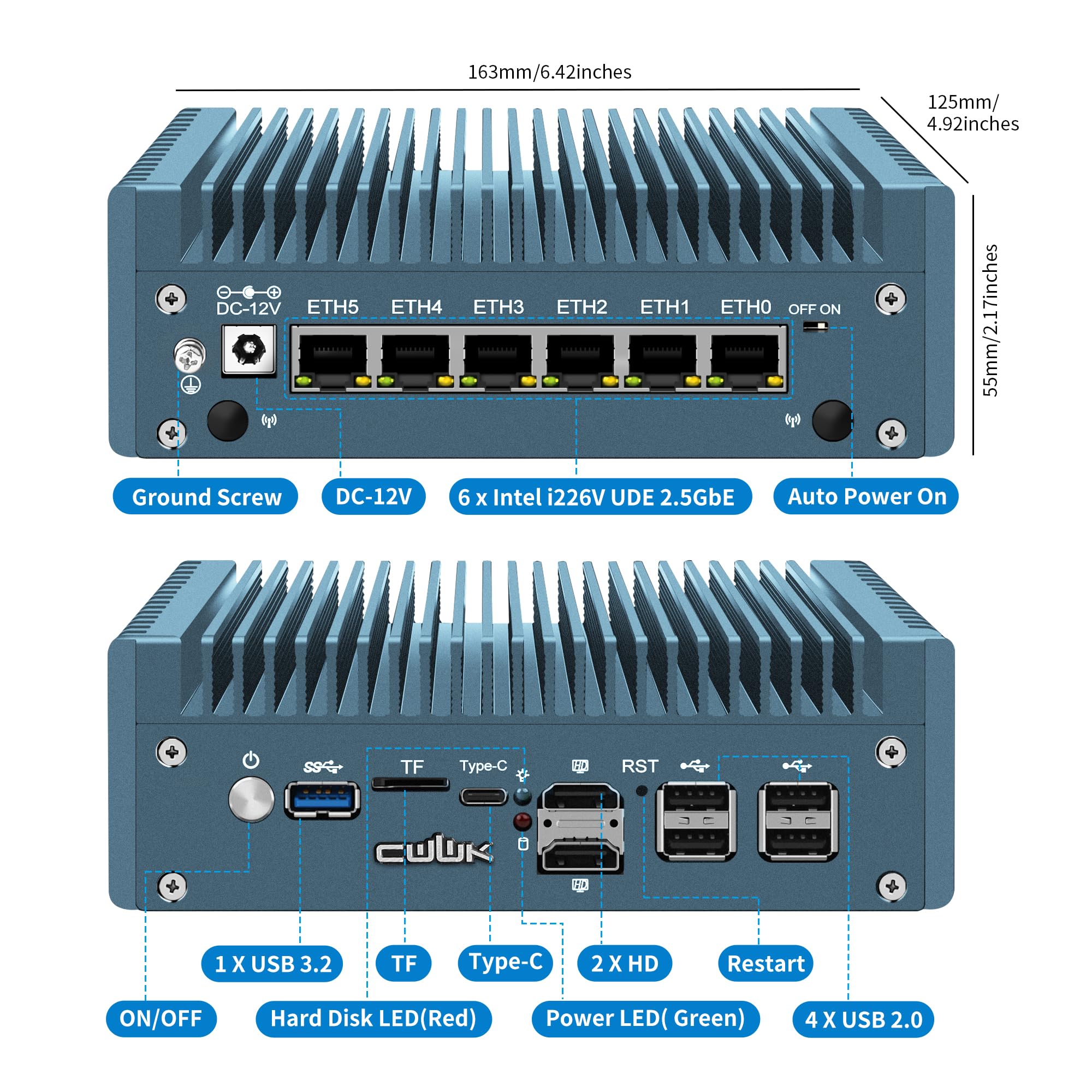 CWWK Mini PC N150 (Upgraded N100) Firewall Appliance, Fanless Mini Computer with 6 Port 2.5GbE LAN, F5 OPNsense Micro PC DDR5 16GB RAM 256GB NVMe, USB Type-C, 4K 3-Display, TF