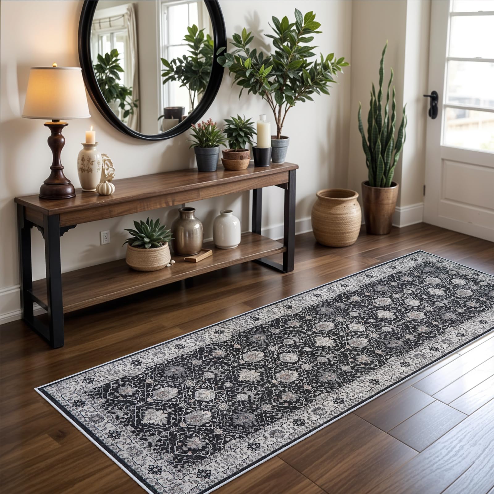 Hallway Washable Runner Rug - 2x6 Kitchen Rugs Entryway Rug Runner Vintage Soft Floor Mat Non Slip Indoor Farmhouse Carpet for Bathroom Living Room Bedroom (2 X 6, Black) 2' x 6' (Rectangular) Black