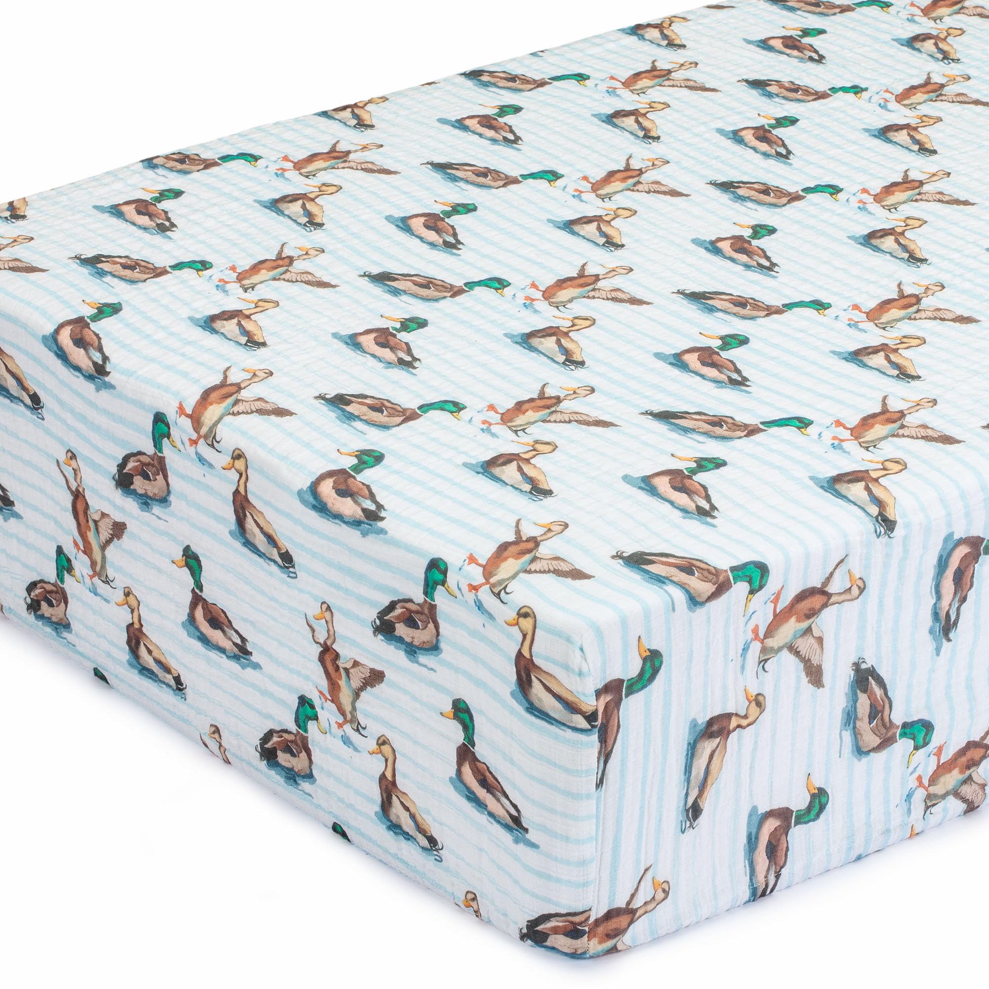 LollyBanks Crib Sheets 1 Pack, 100% Cotton Soft and Breathable Muslin Sheets for Baby Boys and Girls, Toddler Mattress Sheets Fits Standard 52"x28", Baby Registry (Swimming Mallard Duck Print)