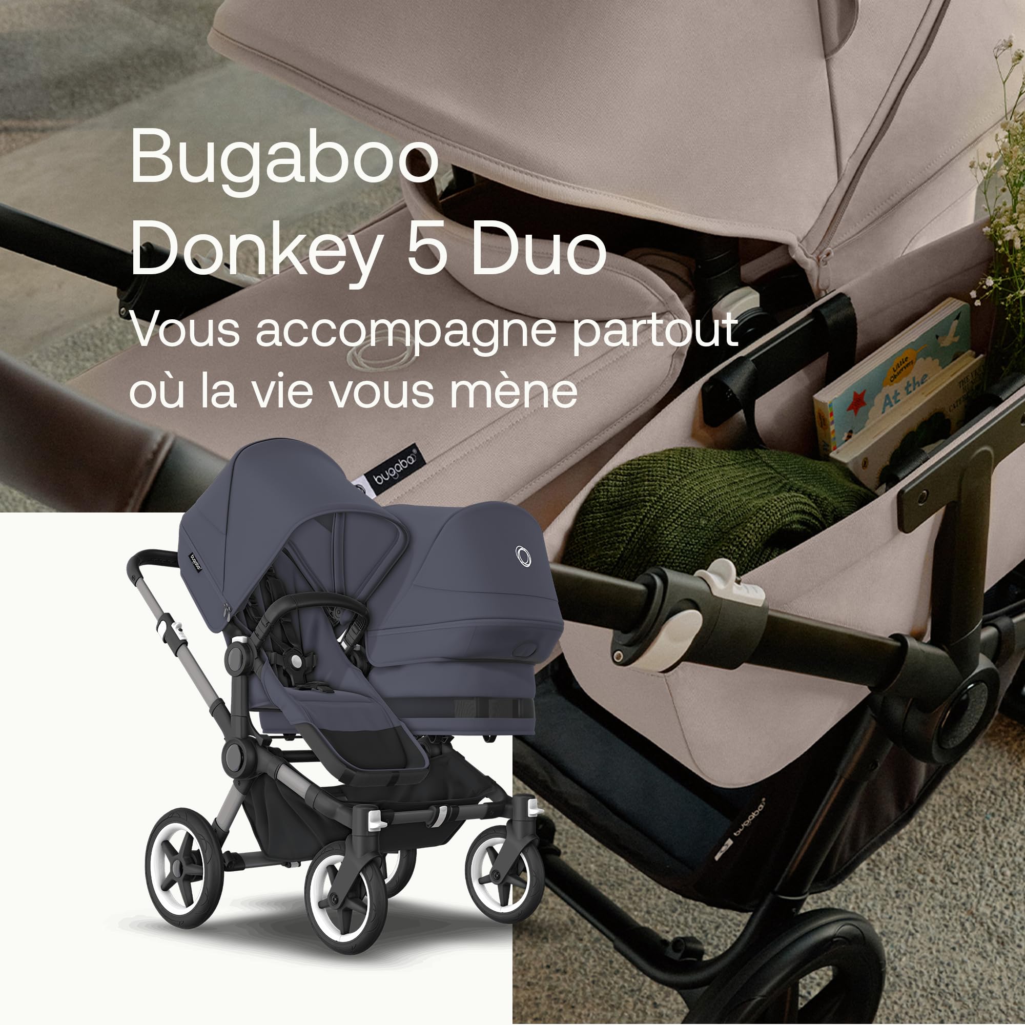 Bugaboo Donkey 5 Duo, Kit d'extension complet, Côte à Côte, Design amélioré, siège réversible, direction à une main et rangement extensible, Bleu tonerre