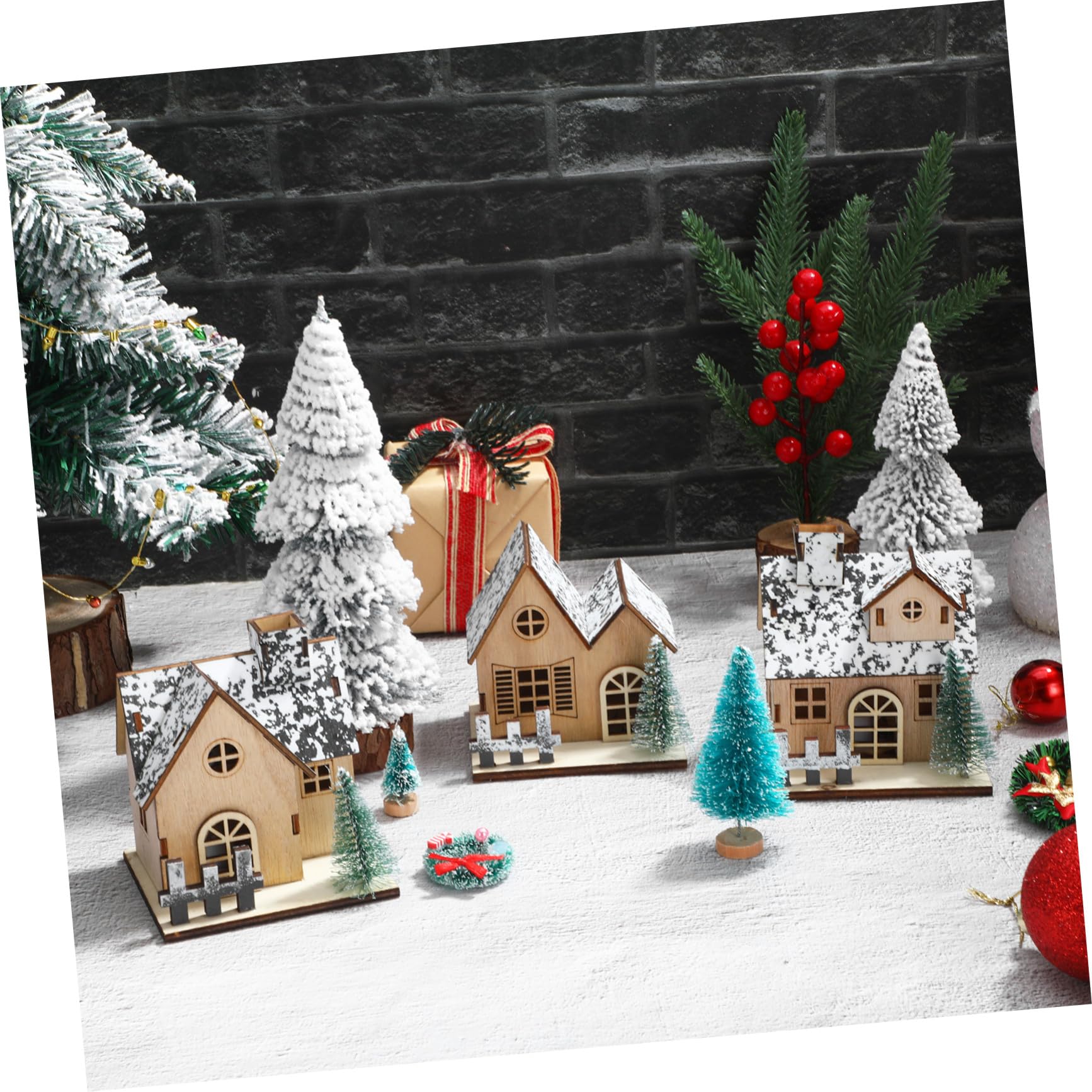 Hohopeti 3pezzi Casetta di Legno Natalizia Luci LED Villaggio di Case di Natale Decorazione per Casa di Natale in Legno