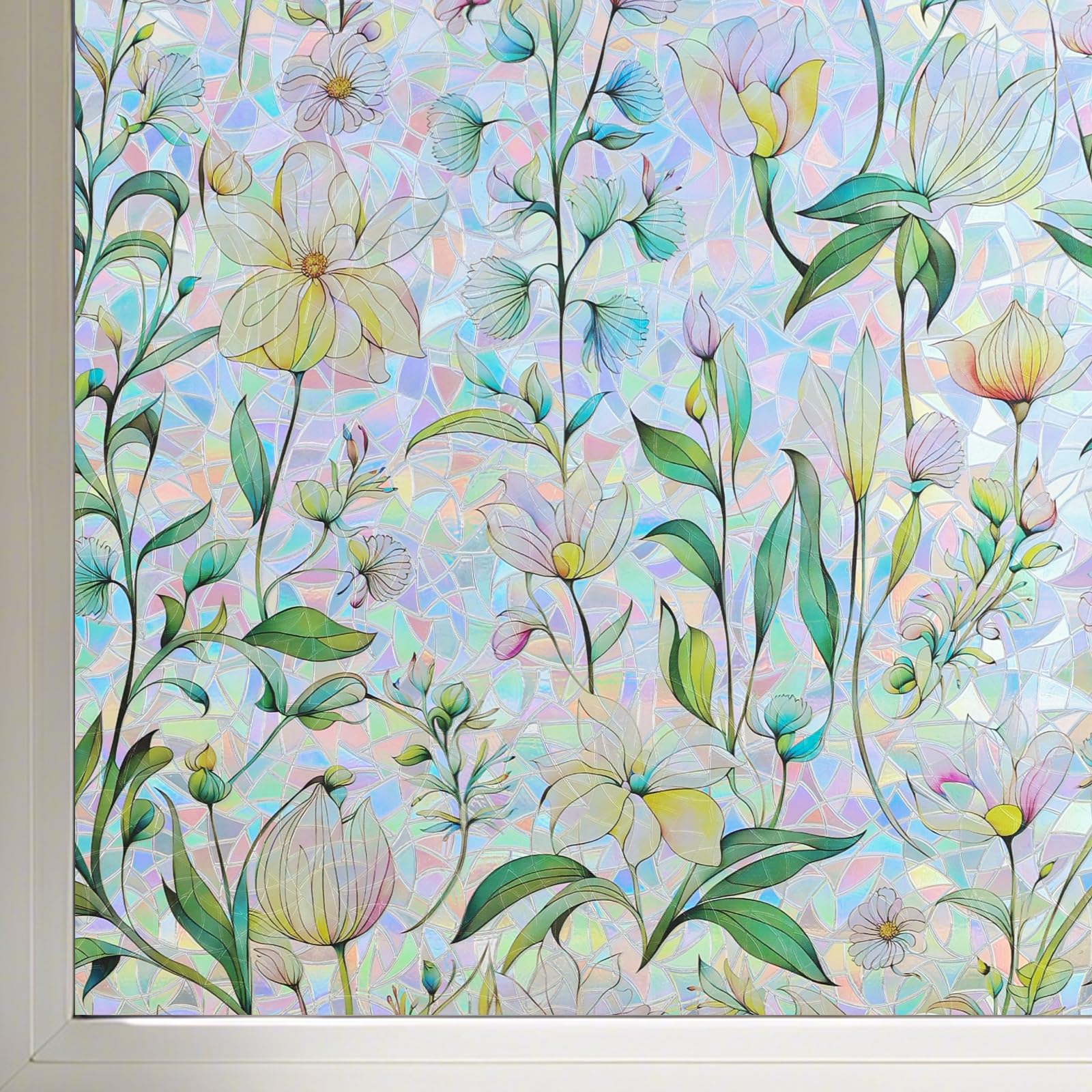 FINNEZ Fensterfolie - Selbstklebende Statische Haftfolie, Blickdichte Farbenfrohe Sichtschutzfolie, Folie Regenbogenoptik, Blumen Muster, Dekorationsfolie für Wohnzimmer Küche Büro, 44,5 x 400 cm