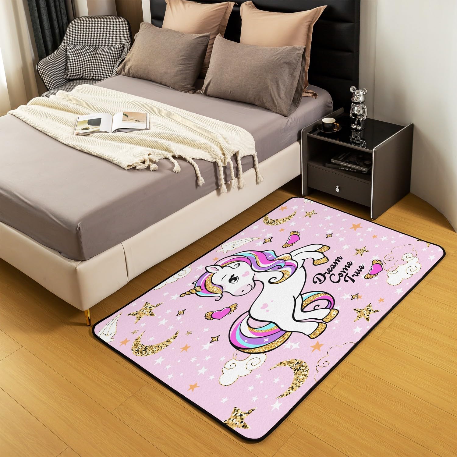 Homemissing Licorne Glitter Salon Tapis Chambre 100x150cm Fille Mignon Licorne décoratif Rainbow Tapis de Salon Cloud Star Cartoon Licorne Rose