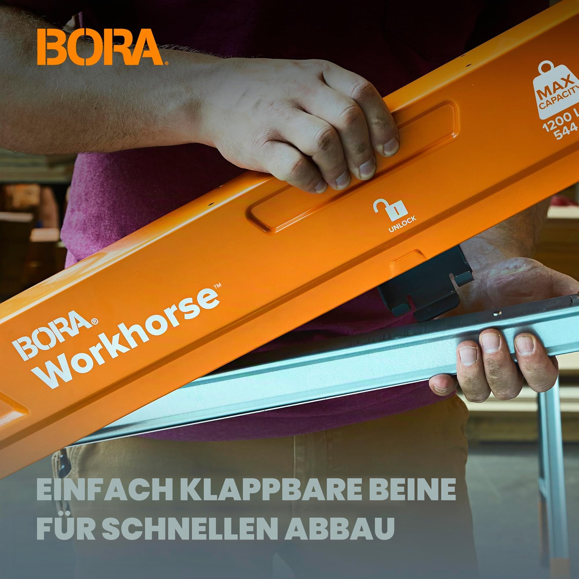 BORA Arbeitsböcke mit robustem Stahlrahmen, 500 kg Tragfähigkeit. Arbeitsbock 2er set. Unterstellblock - PM-3330T, Orange/Abendrot im Zickzackmuster (Sunset Chevron) | Sägebock 2er Set mit 2x4 Halterung & Stahlrahmen – klappbar, tragbar, für Werkbank & Ba