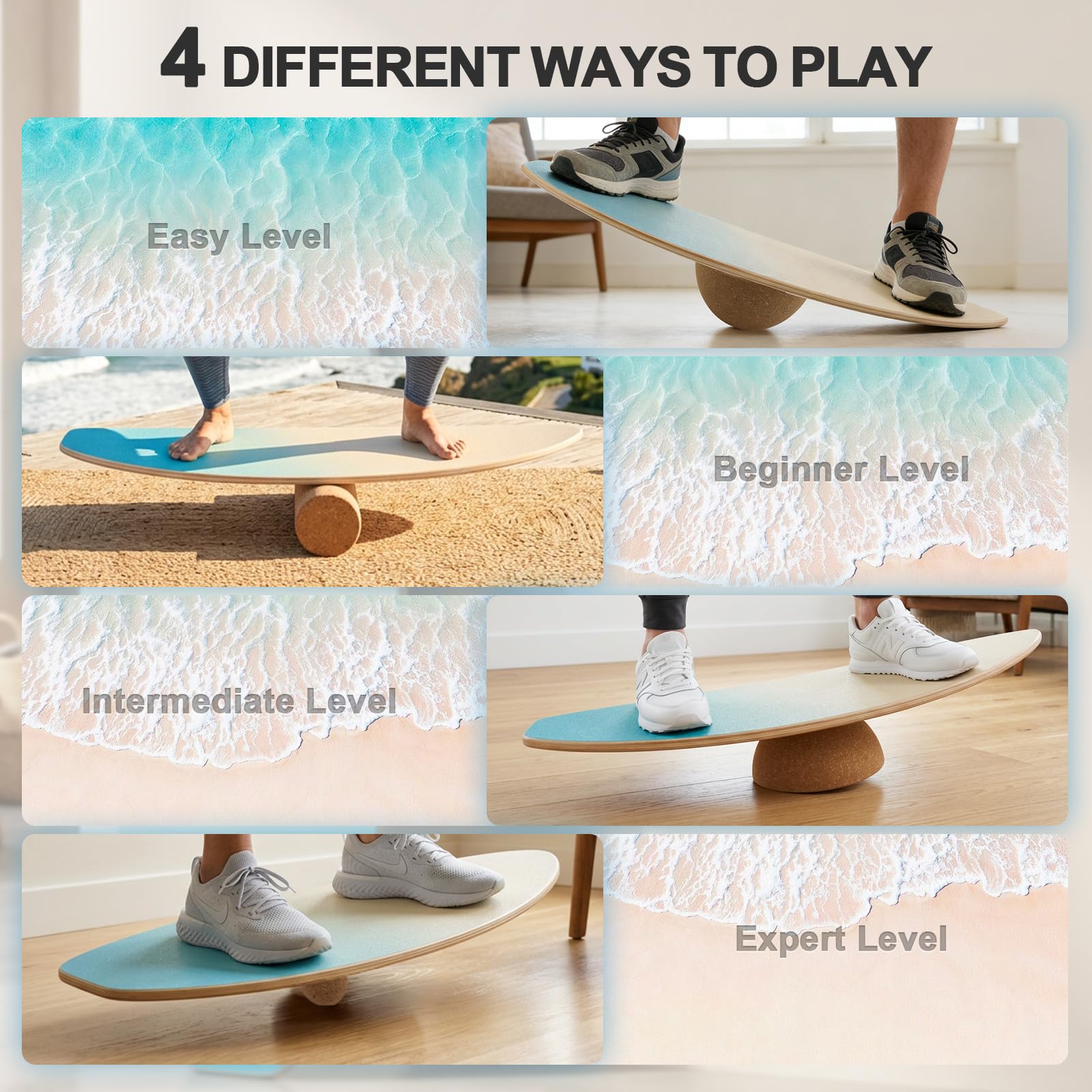 Surf Balance Board Set aus Holz, 3 in 1 Balanceboard mit Korkrolle, Halbkugel und Ball, Indoor Surfbrett für Erwachsene und Kinder, Fishtail Design mit Meeresblau Sandgelb Verlauf,180 kg belastbar
