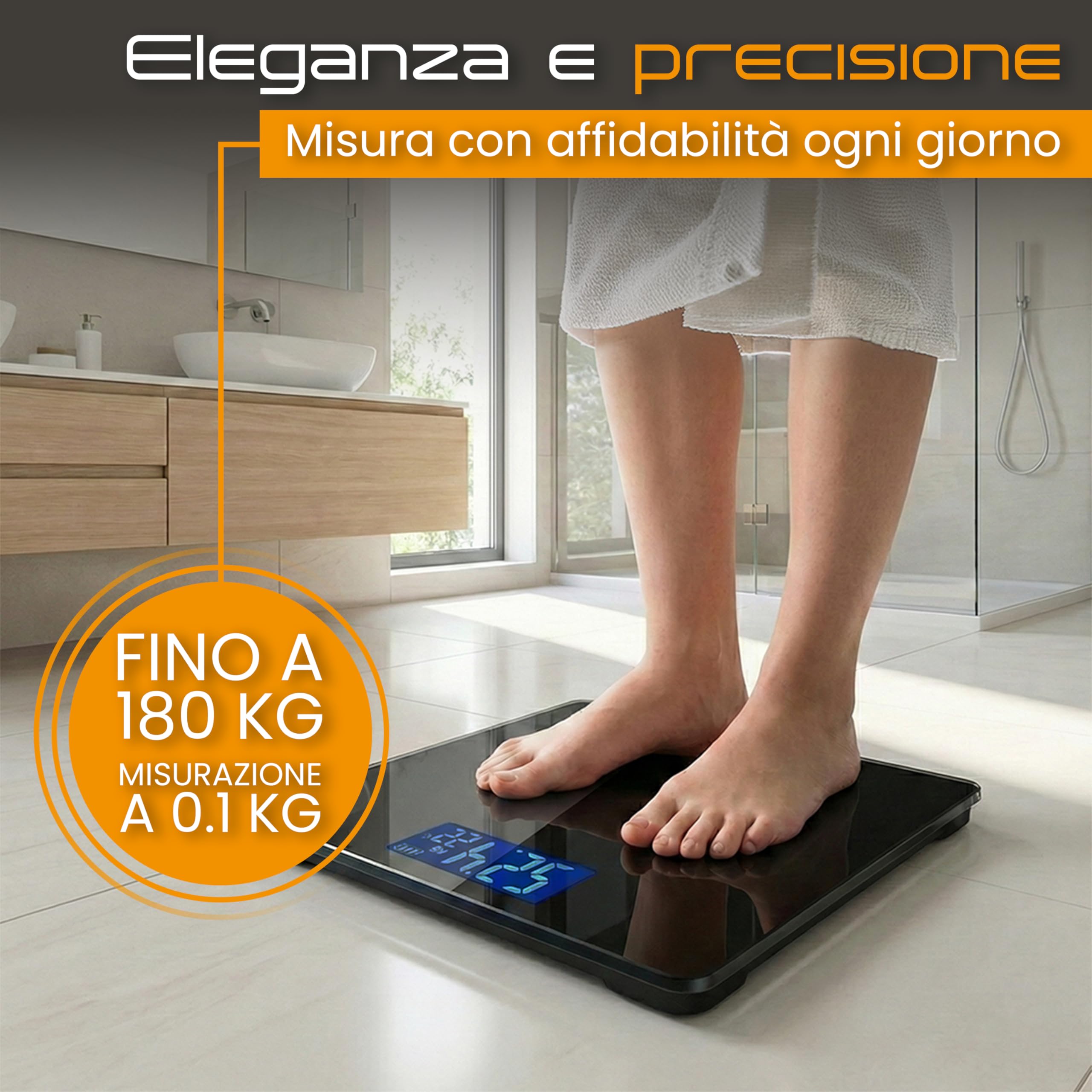 Bilancia Pesapersone Digitale STAKIRA – Fino a 180 kg – Alta Precisione 0.1 kg – USB Ricaricabile – Display LCD – Vetro Temperato Nero – Temperatura Integrata – Design Compatto 26x26 cm