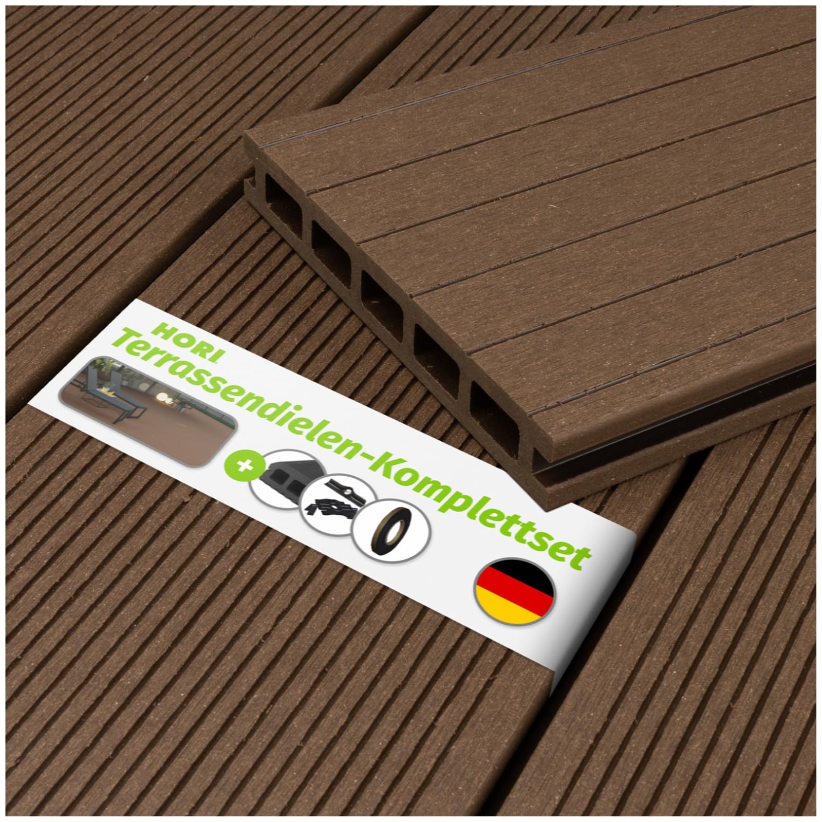 HORI WPC/BPC Terrassendielen Komplettset - Hohlkammerdiele Bali Braun - Inkl. auswählbare Unterkonstruktion & Clips - Wetterfest, pflegeleicht & rutschhemmend - Dielenlänge 4 m - Fläche 16 m²