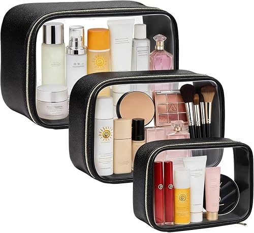 3Pcs Travel Clear Makeup Bag Set for Women, Transparent Toiletry Bag with Zipper Portable Makeup Pouch Organizer Waterproof Small Cosmetic Bag Compact Car Bag Organizer Car Accessories, Black