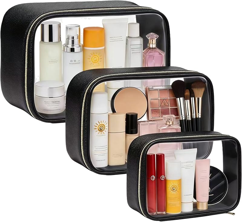 FFpaw Kit com 3 Necessaires Transparentes para Maquiagem, com Zíper, Preto Set-1