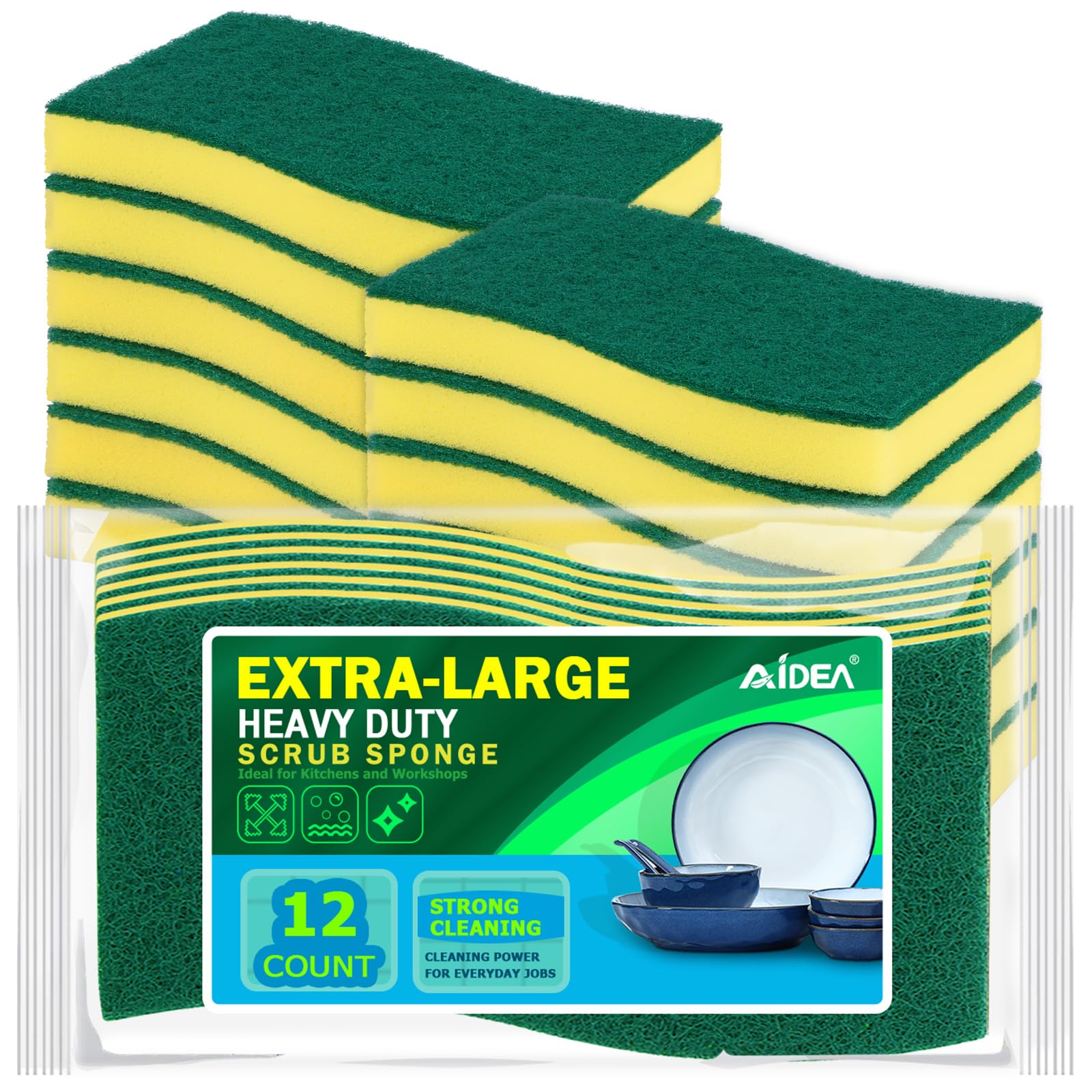 AIDEA Sponges Kitchen, 12 Pack XL Heavy Duty Dish Sponges, Cleaning Sponges
