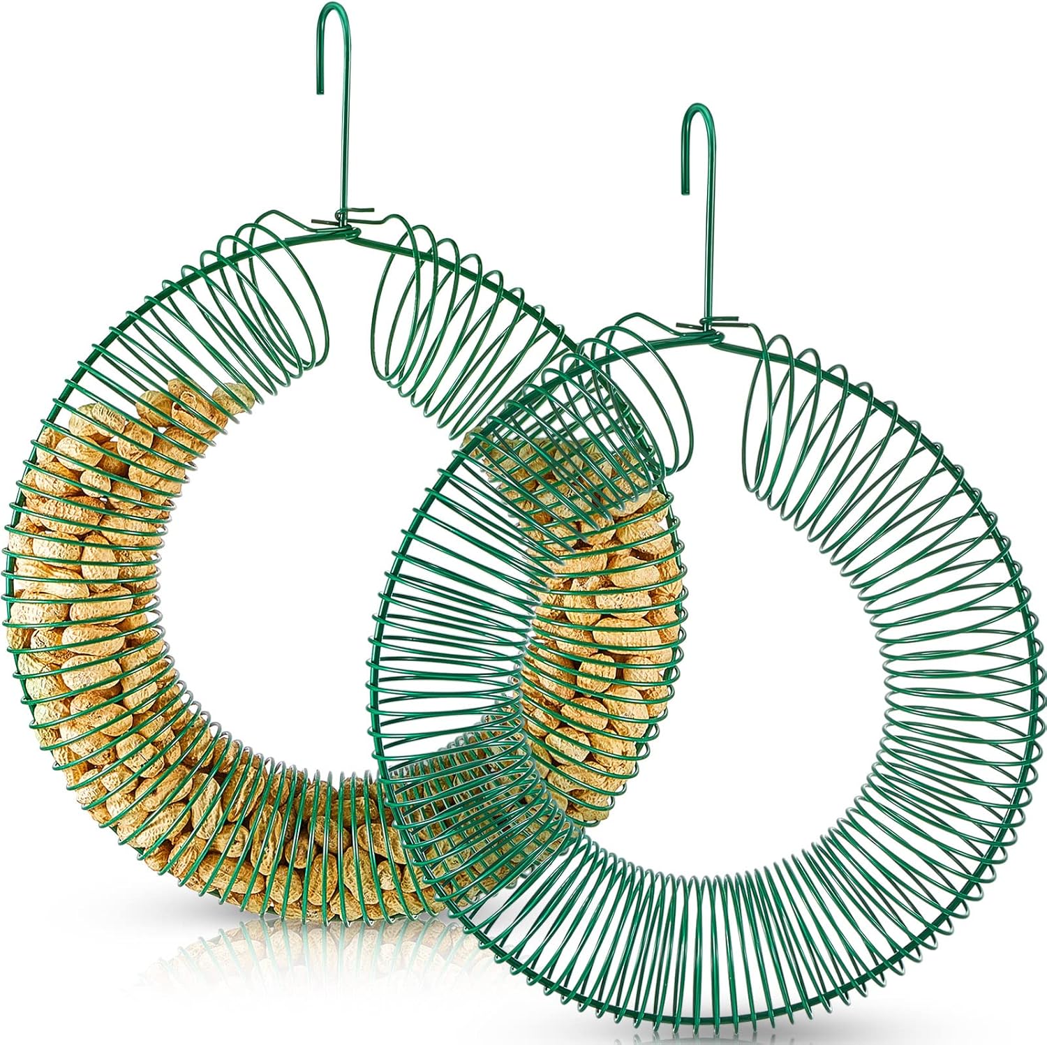 Patelai 2 Pieces Hanging Wreath Feeder Whole Peanut Wild Bird Feeder Wreath Round Squirrel Proof Bird Feeders with Hanging Hook for Outdoor Birds Feeding, 11.8 x 16.5 Inch(Green)