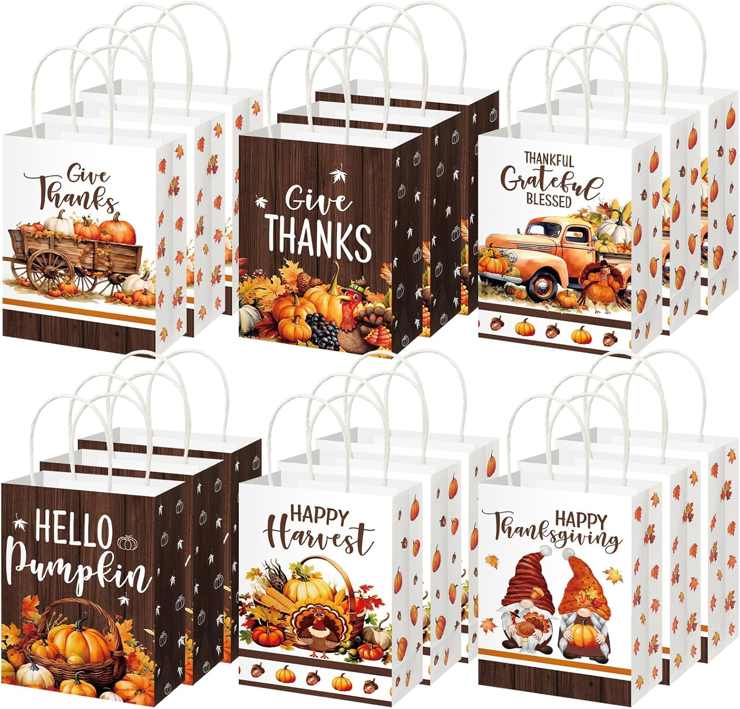 Fourluoo 30 Pack Thanksgiving Party Favor Fall Paper Gift Bags with Handles Thanksgiving Pumpkin Tote Bags 5.91 x 3.15 x 8.27 Inches Turkey Gnome Candy Gift Handbag for Harvest Party Supplies