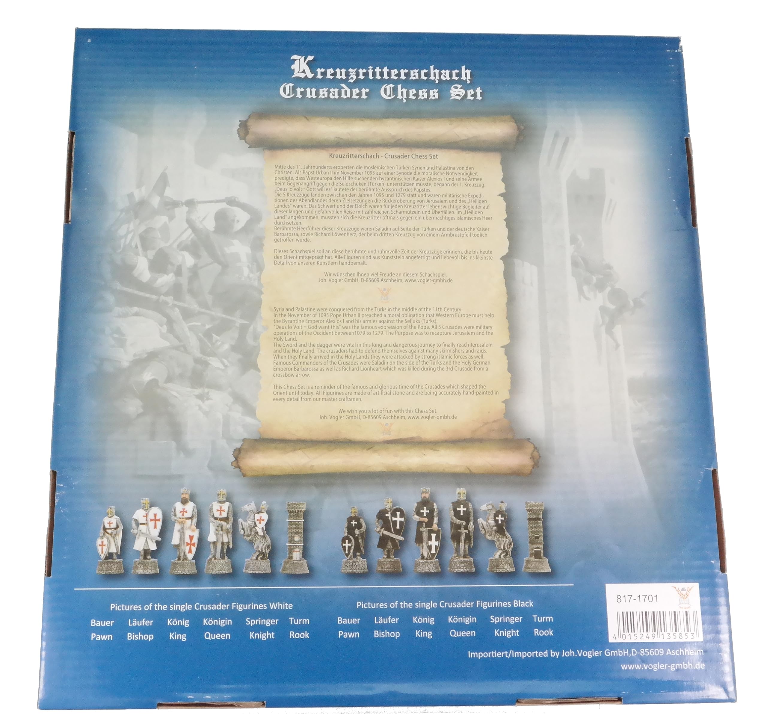 Vogler Hochwertiges Schachfiguren Set Kreuzritter - Handbemalte Kunststein Figuren Weiß Schwarz - Mittelalter Schach Spiel - Historische Sammler Edition - 70mm Königshöhe
