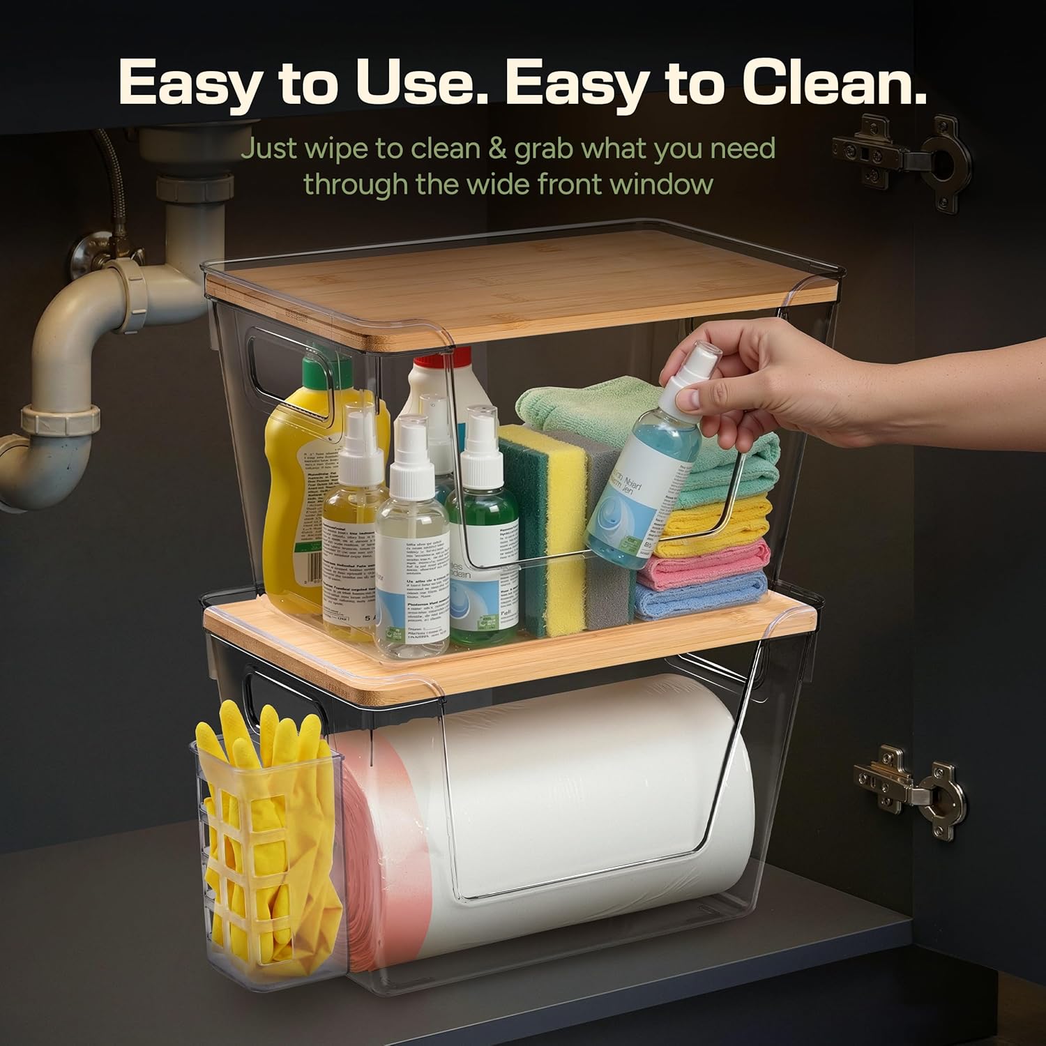 1 Pack Trash Bag Organizer | Included Extra Self-Adhesive Caddy for Dishwasher Pods | Trash Bag Dispenser Under Sink With Bamboo Lid | Stackable Garbage Bag Holder Fits Most Bags