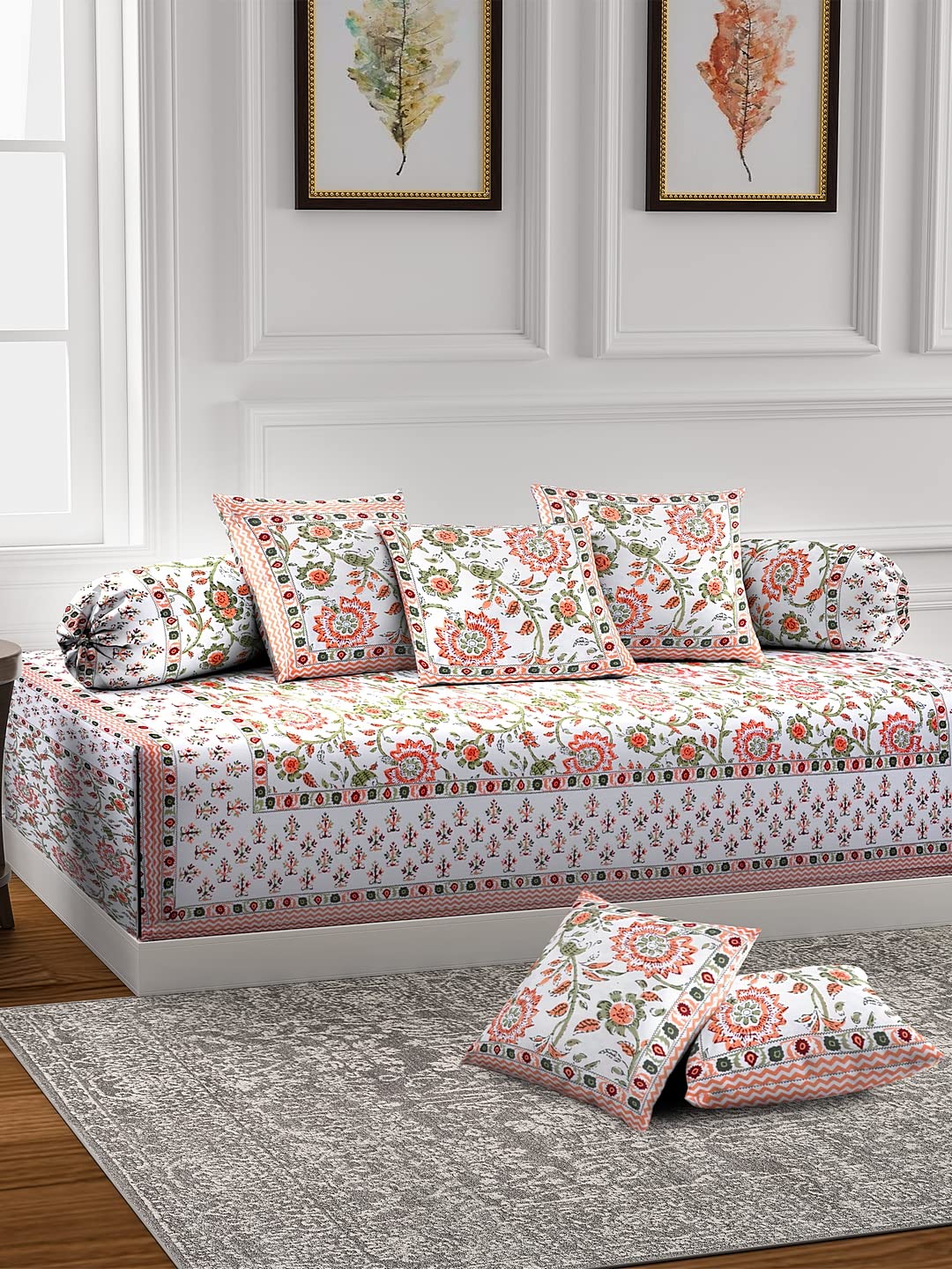 Rajasthan Decor Screen Designer Printed White and Orange Color Floral Jaipuri Cotton Diwan Set (Set of 8)-image-30